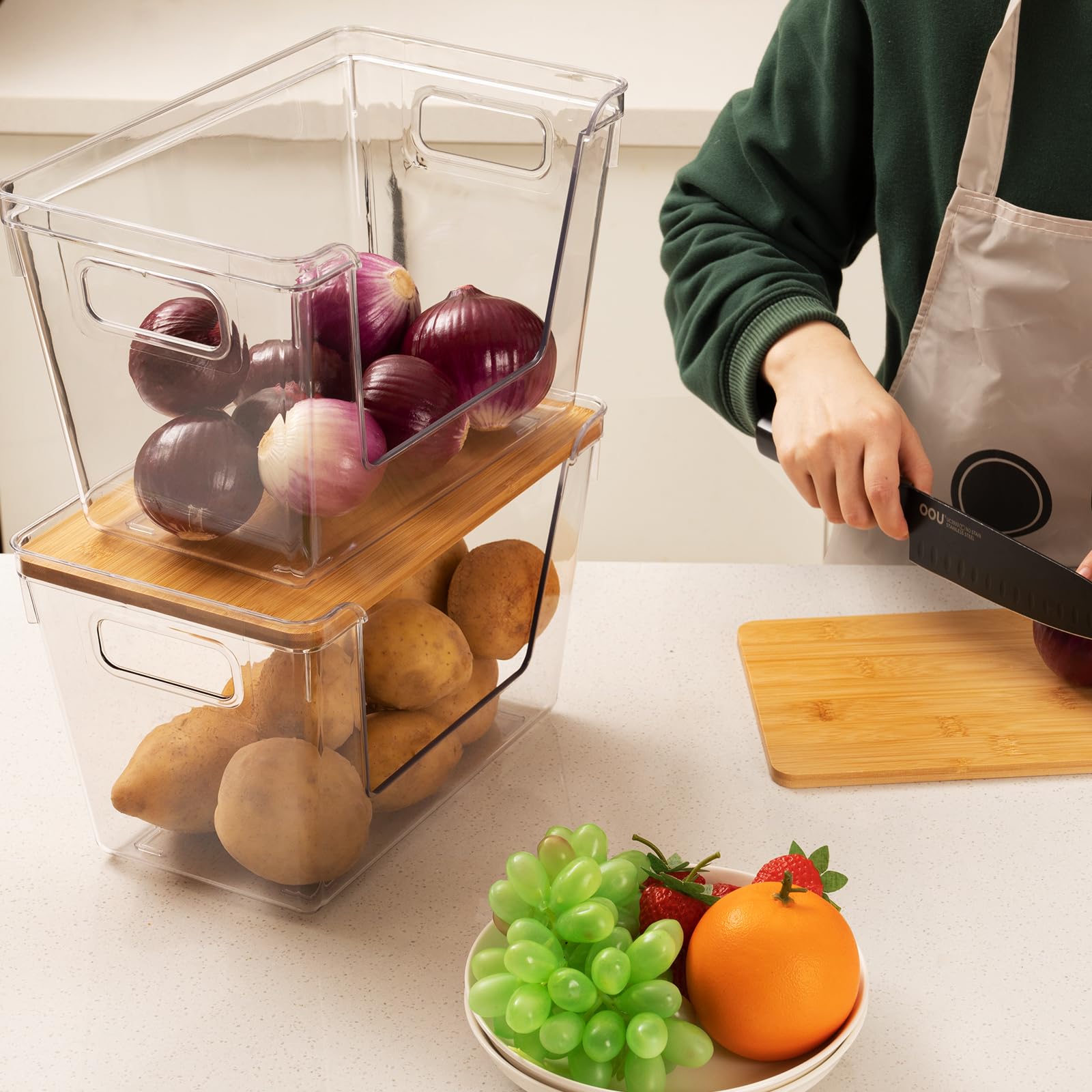 Abiudeng - Cajas de almacenamiento apilables para cocina (2 unidades, tapa de bambú para patatas de gran apertura frontal, organizadores de despensa y almacenamiento para verduras,