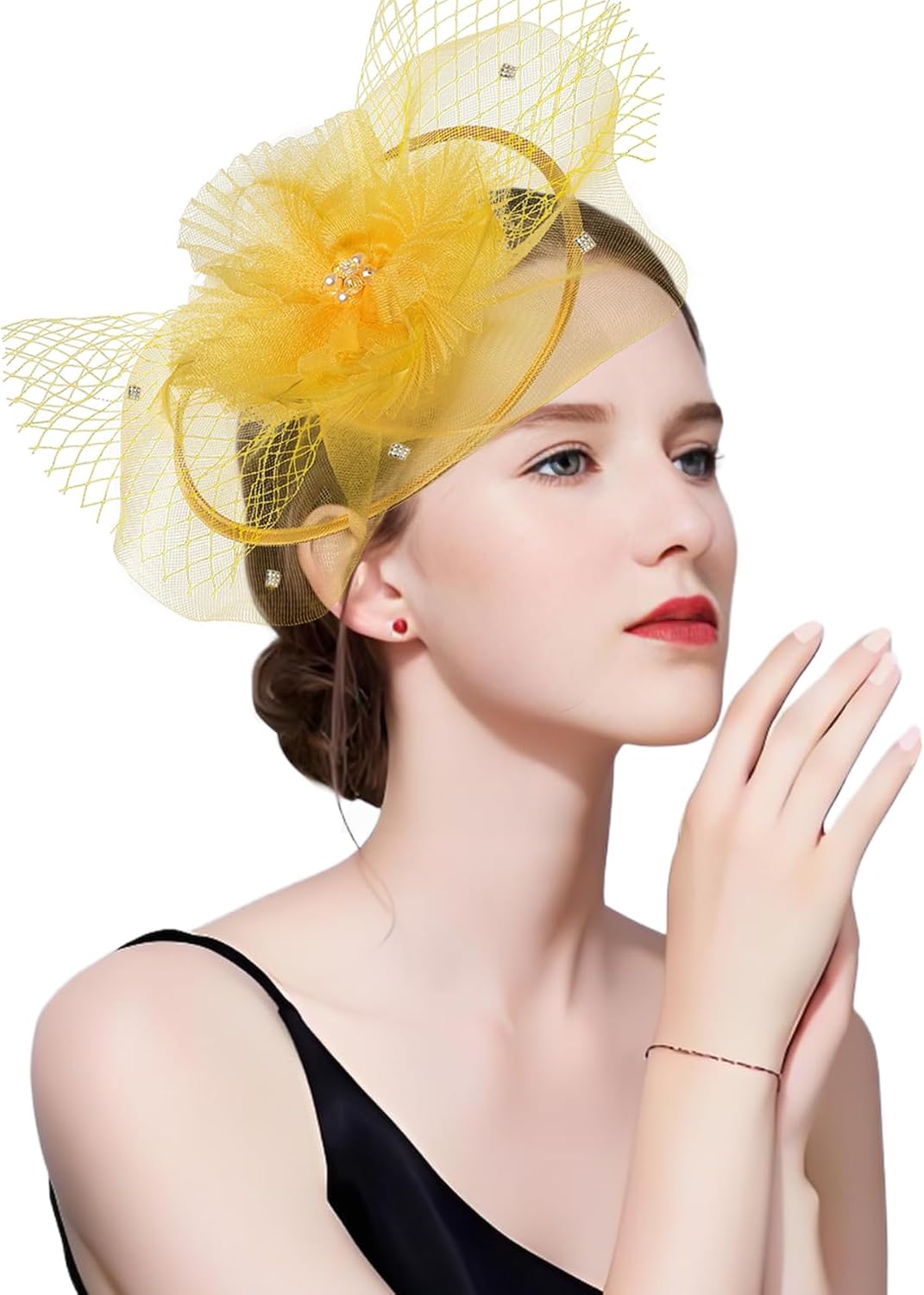 Kgromfy Women's Fascinator Derby Hats Vintage Tea Party Hat Church Cocktail Wedding Headwear Yellow