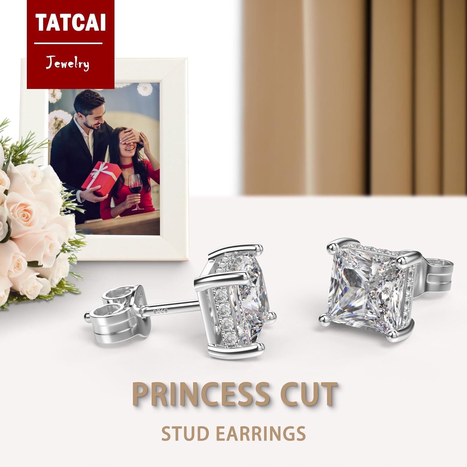 18K White Gold Plated Sterling Silver Princess Cut Square Cubic Zirconia Stud Earrings for Women Men Clear CZ Diamond Stud Earrings - Image 4