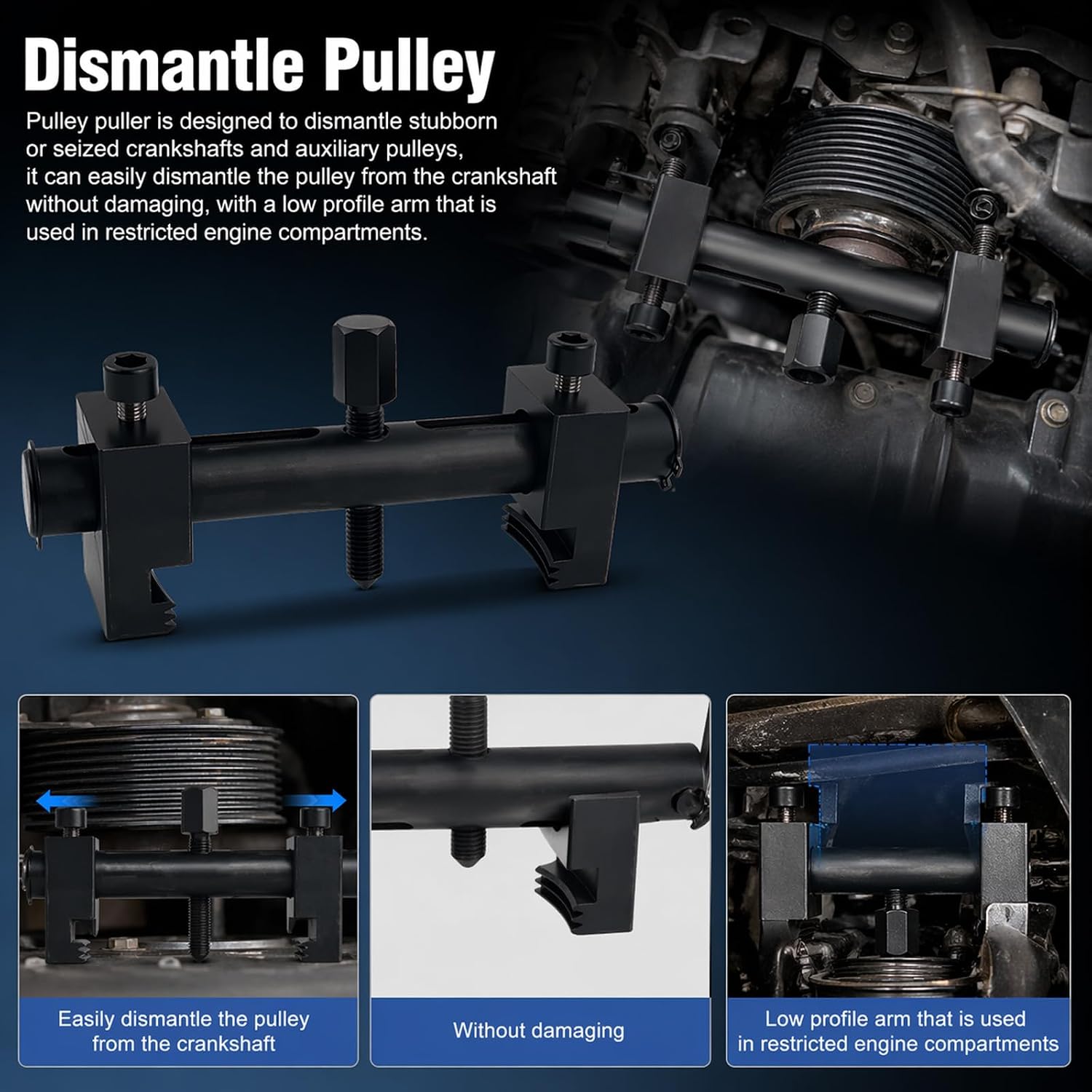 Pulley Puller Tool with 17mm Hex Wrench,Heavy Duty Crankshaft Pulley Removal Tool for 40-160mm Pulleys,Professional Crank Pulleys Removal Tools for Crankshafts & Water Pumps