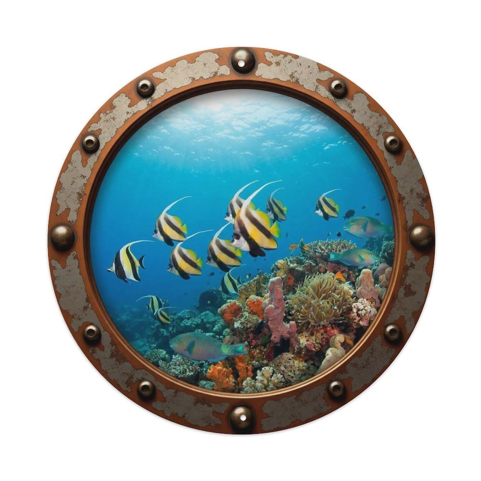 Vintage Porthole Bannerfish Nautical Window View Vintage Metal Tin Sign Plaque Wall Decor for Cafe, Club Bar, Office, Garden Metal Poster 8x8Inch