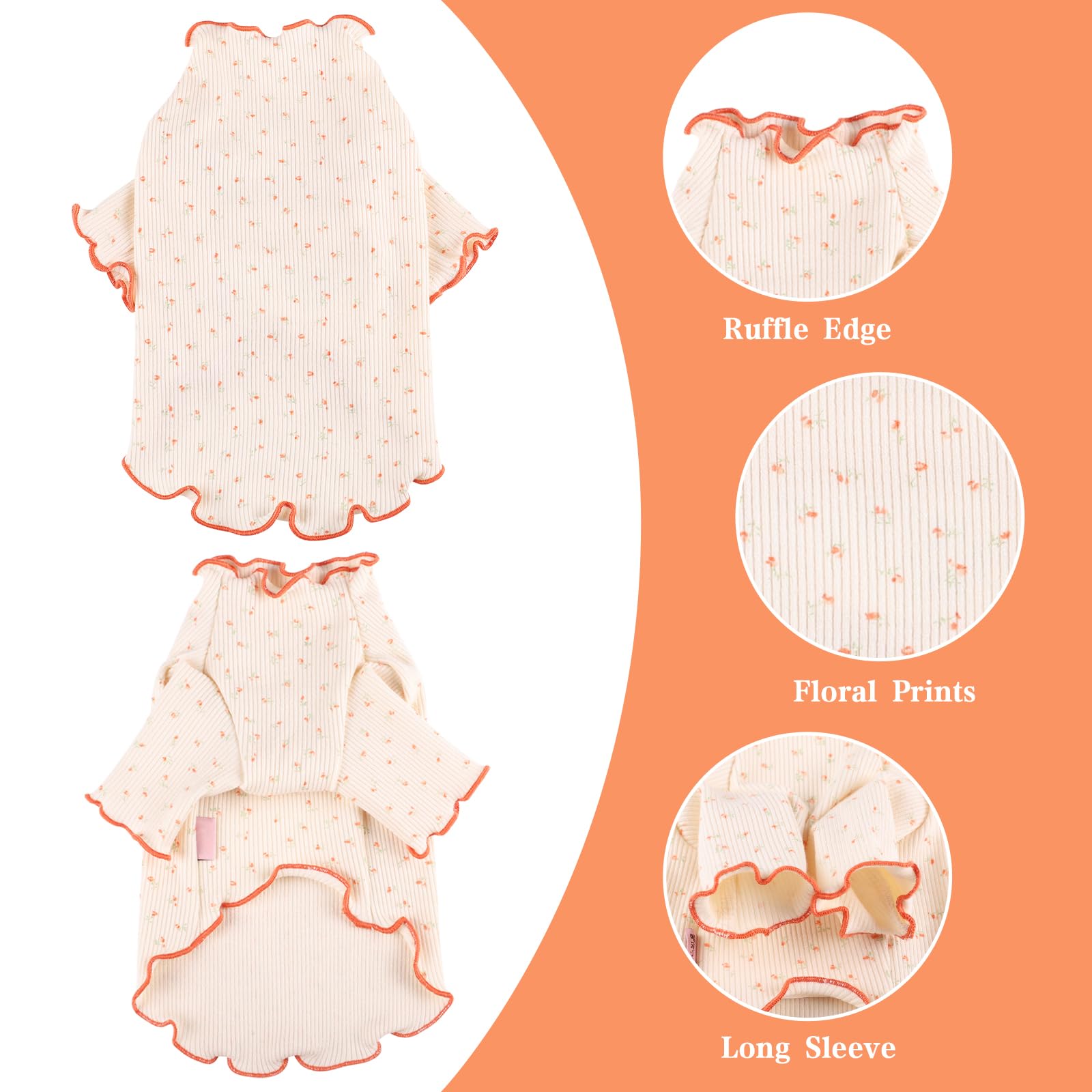 Yaopelky Pet Clothes for Small Medium Dogs Cat Daisy Flower Prints Dog Shirts Long Sleeve Ruffle Puppy Clothes Dog Pajamas for Chihuahua Shih Tzu Yorkie (Orange - Image 3