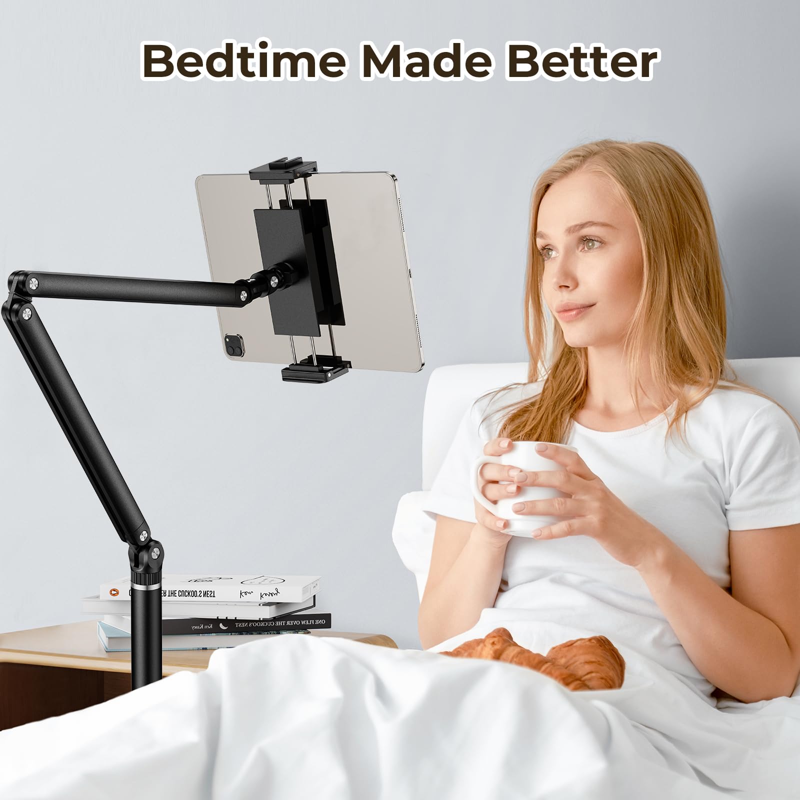 POLESTO Tabletstandaard, vloerstandaard met 4,8 kg massieve metalen voet, in hoogte verstelbaar, uittrekbare arm voor gebruik op het bed, universeel voor iPad mini/Air/Pro, Kindle, Switch, Galaxy Tab