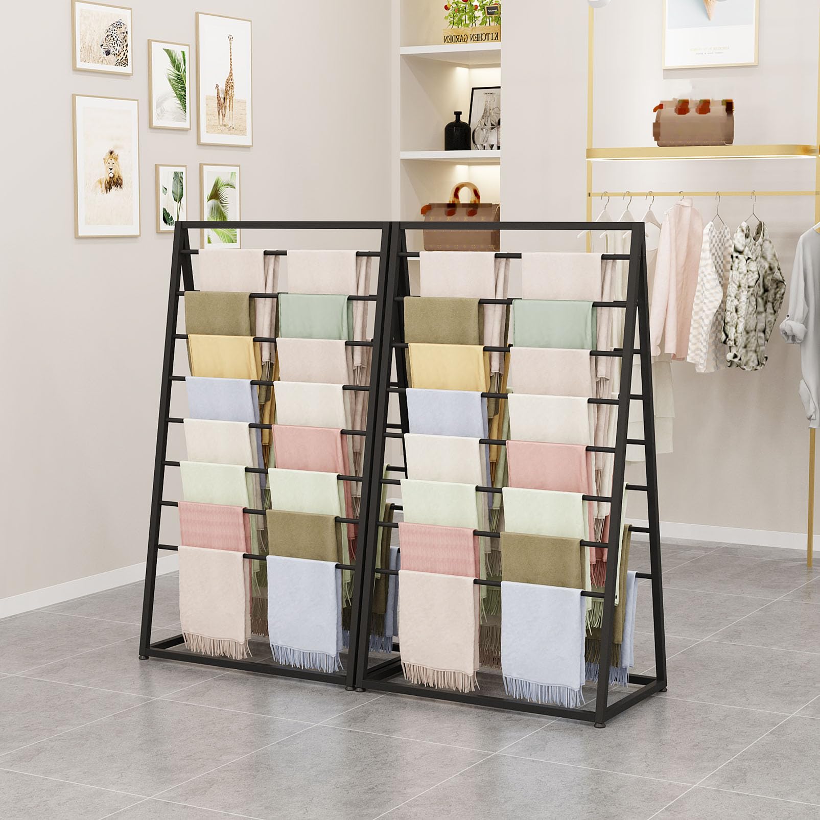 Organizador de bufandas y cinturones de doble cara para tienda de ropa, soporte de pie para bufandas, chales, pantalones, sábanas, toallas y accesorios