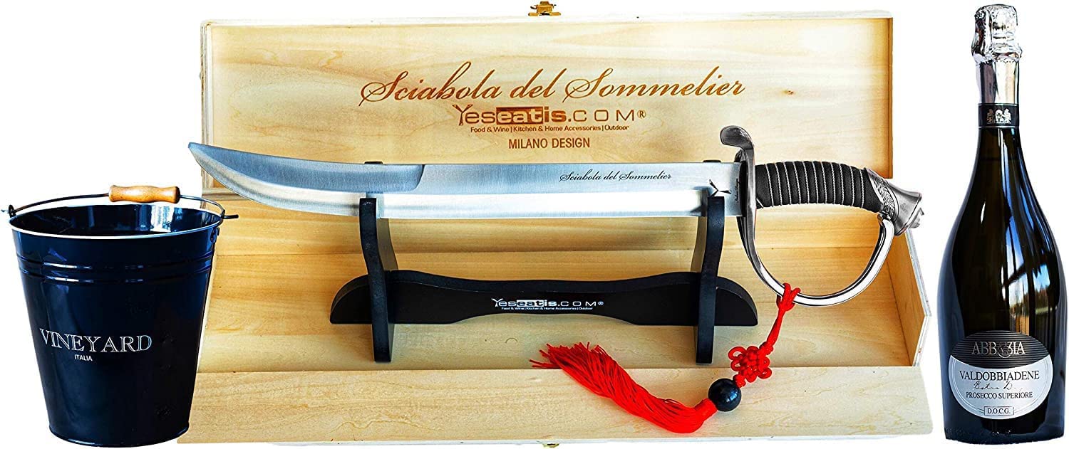 YesEatIs - Sciabola del Sommelier Manico Acciaio - Starter Kit con Secchiello per Ghiaccio e Bottiglia di Bollicine Italiane (Prosecco Valdobbiadene)