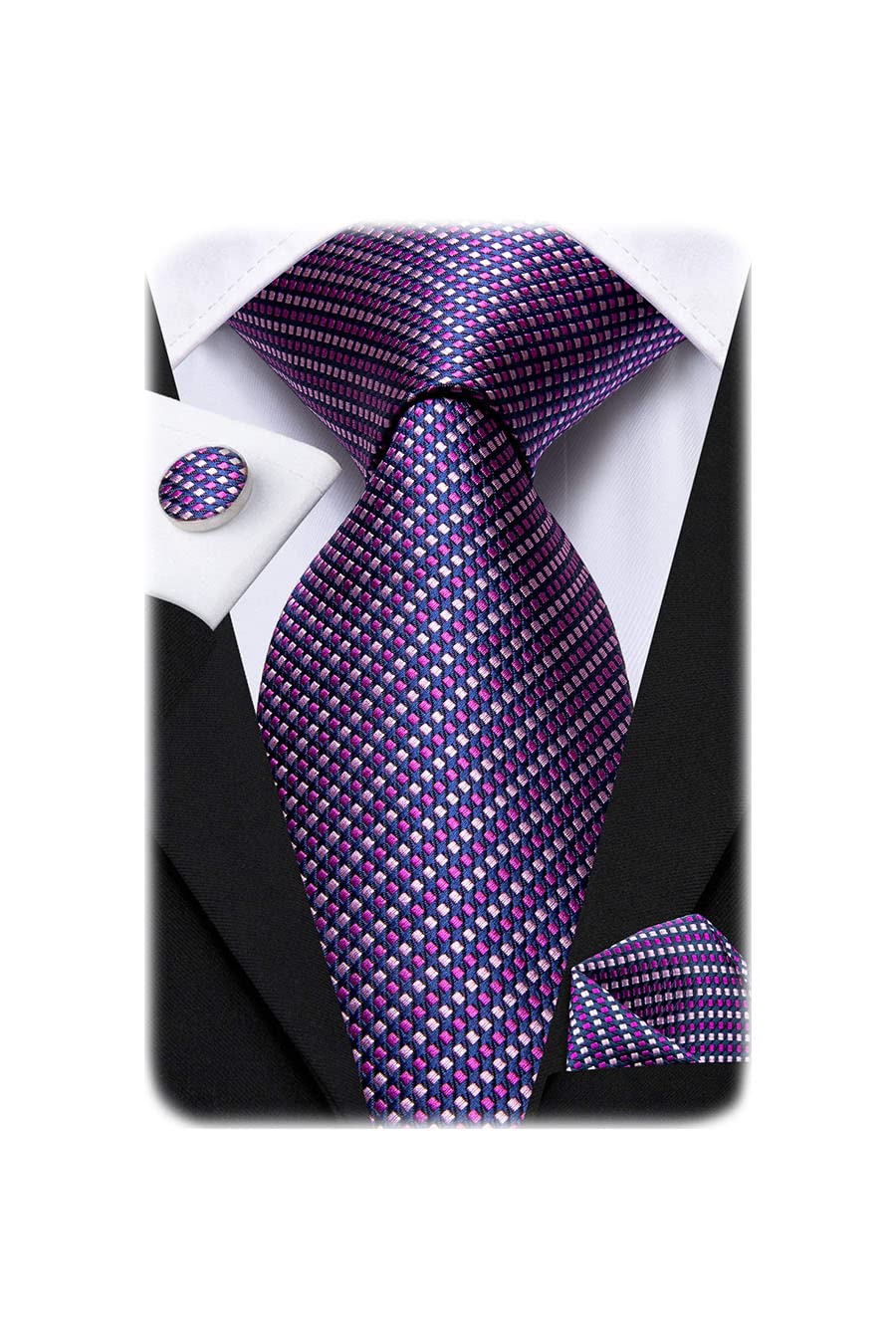 Hi-Tie Mens Plaid Ties Classic Paisley Necktie with Handkerchief Cufflinks Set Business Stripe Tie