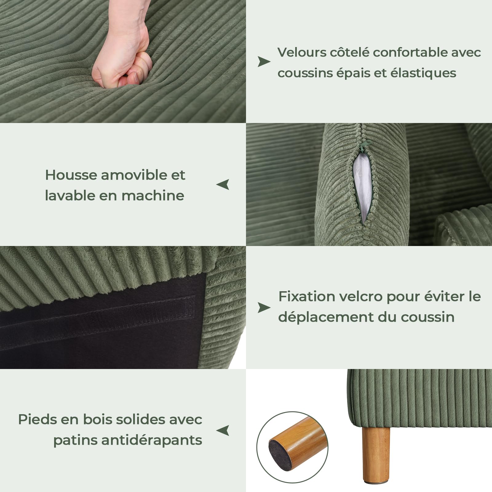 Vesgantti Canapé-Lit 1 Places en Velours Côtelé, Sofa Bed 148 x 104 x 92cm - Vert