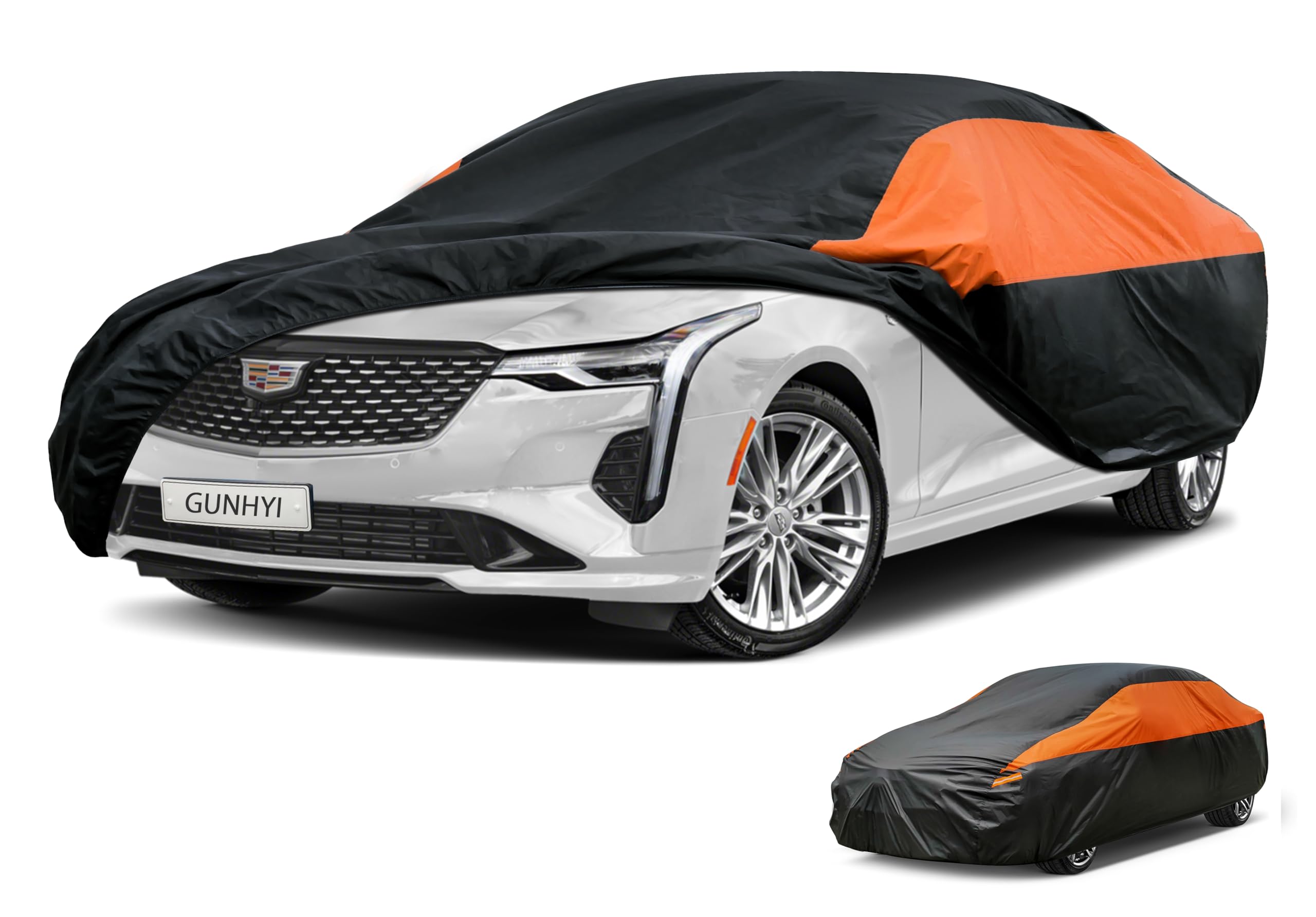 GUNHYI Waterproof Lightweight Sedan Full Car Cover Custom Fit Cadillac CT4 | All‑weather Outdoor sun/rain/dust/snow/wind/UV protection, breathable tear‑resistant fabric, black‑orange design,storage bag
