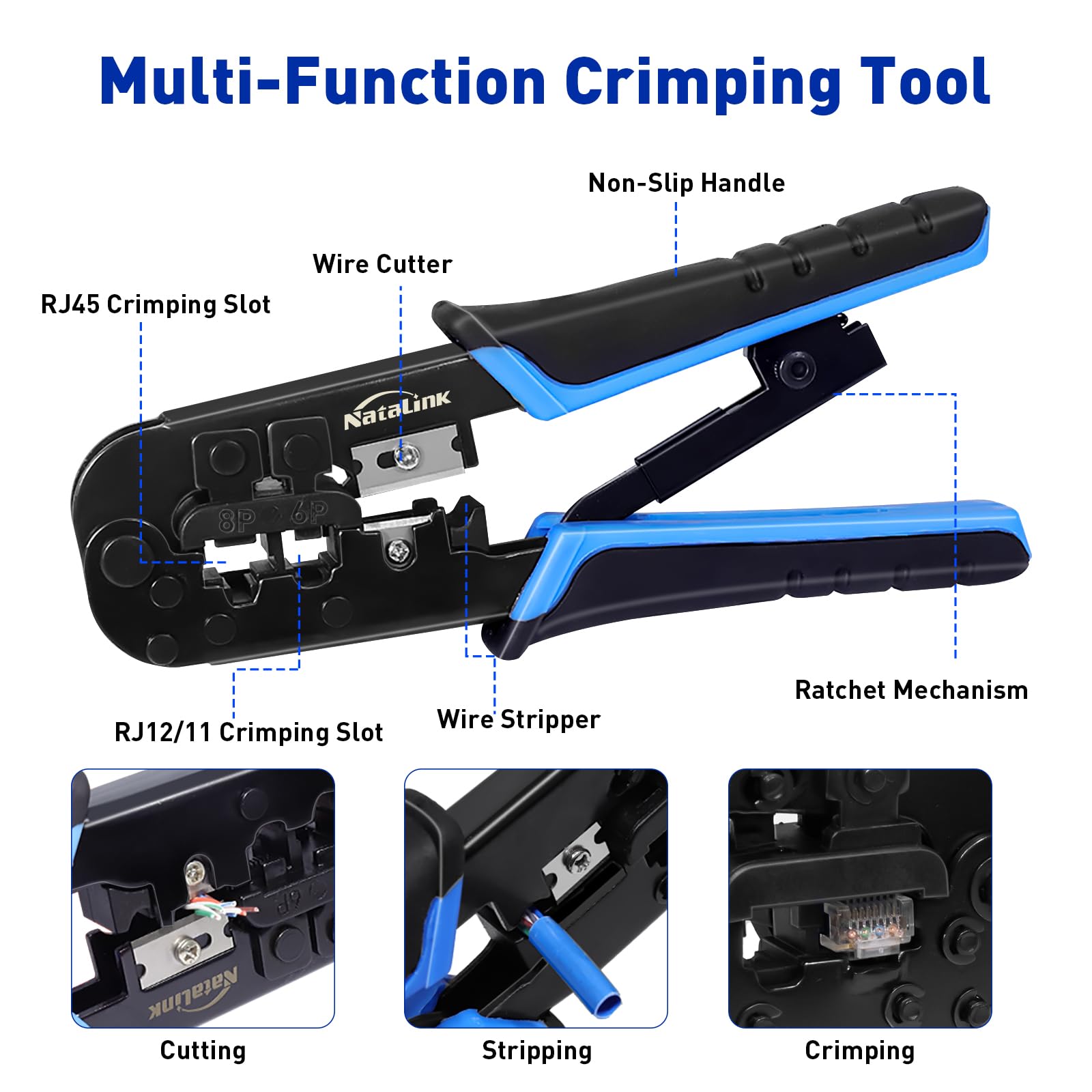 RJ45 Crimpzange Ethernet Crimper Tool Kit Cat 6 Cat 5E Cat 5 Crimpzange mit Netzwerkkabeltester, Drahtschneiderzange, Mini Kabelabisolierzange, 50 Stück Cat 5E Stecker und
