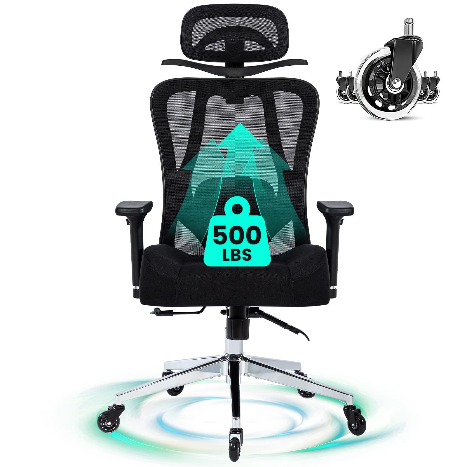 Salutrobusto Heavy Duty Ergonomic Office Chair, 500lbs Capacity, Mesh Back, Aluminum Alloy Frame, Modern Style, Black