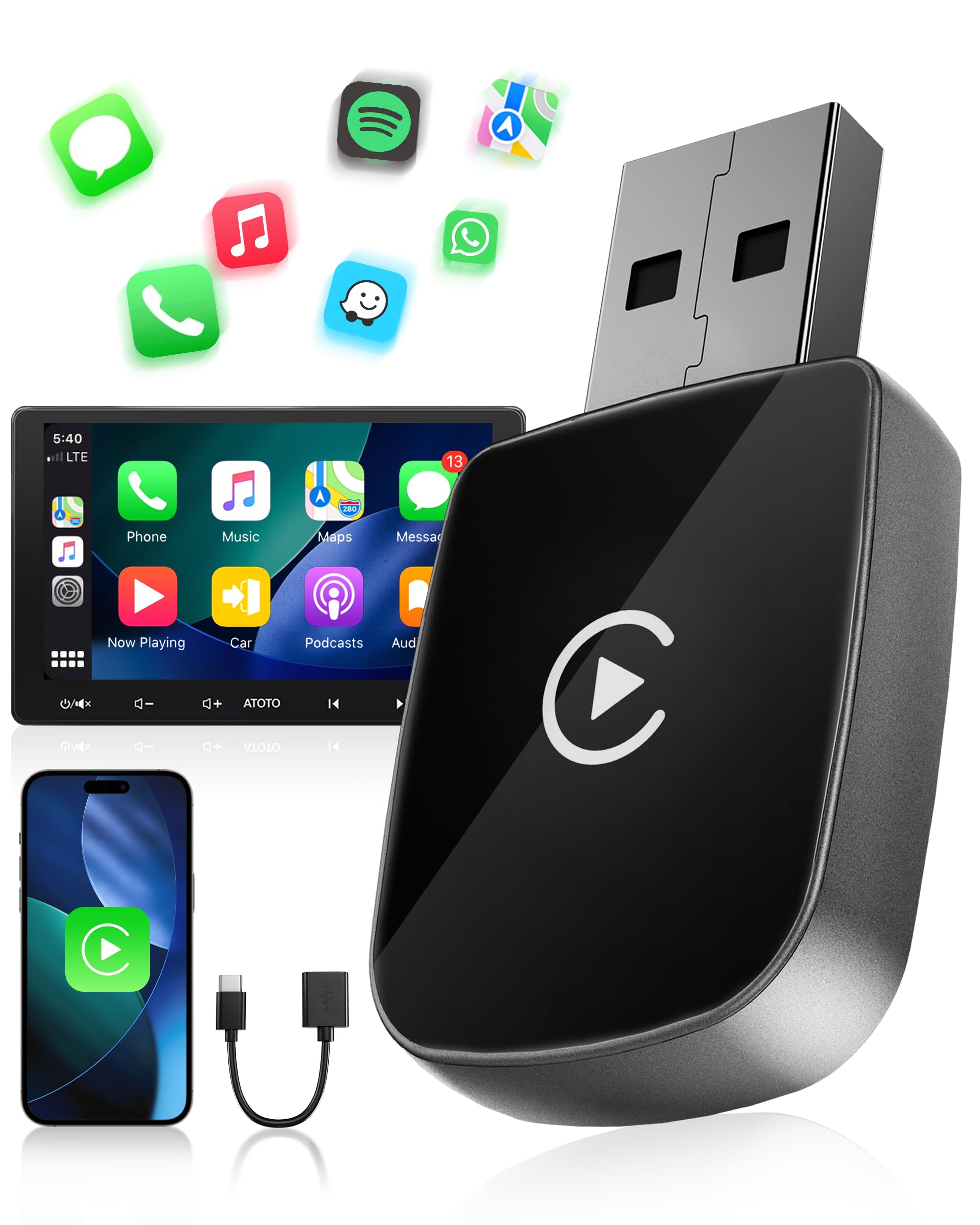Adaptador CarPlay Inalámbrico, Car Play Inalambrico para Apple iPhone iOS 10+, Bluetooth V5.3, Doble Núcleo WLAN a 5.8 GHz, Alta Velocidad y Estable