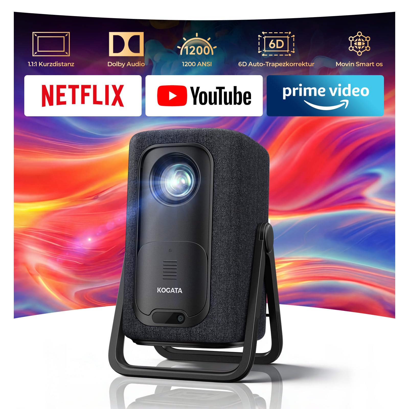 4K Smart Beamer | KOGATA Kurzdistanz 1.1:1, tragbar | Kompatibel mit Netflix-App | Dolby Audio & DTS | Autofokus & 6D Keystone | HDR10+, WiFi 6 & Bluetooth 5.4 | Heimkino, Outdoor & Garten Projektor