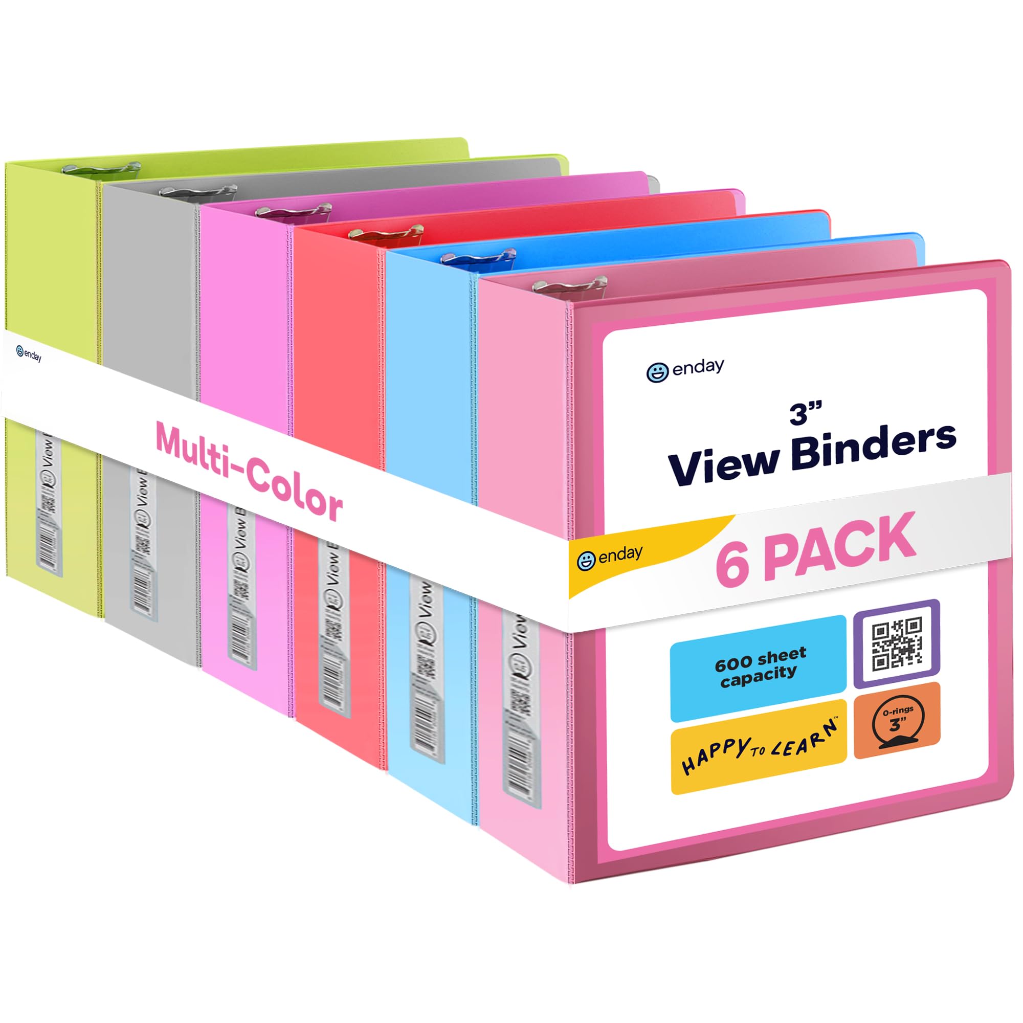 3 Slant D-Ring Binder 3 Inch, 3 in Clear View Cover with 2 Inside Pockets Binder, Heavy Duty Colored School Supplies Binders in Red, Green, Grey, Purple, Blue, Pink, Multicolor (6 PC) – by Enday