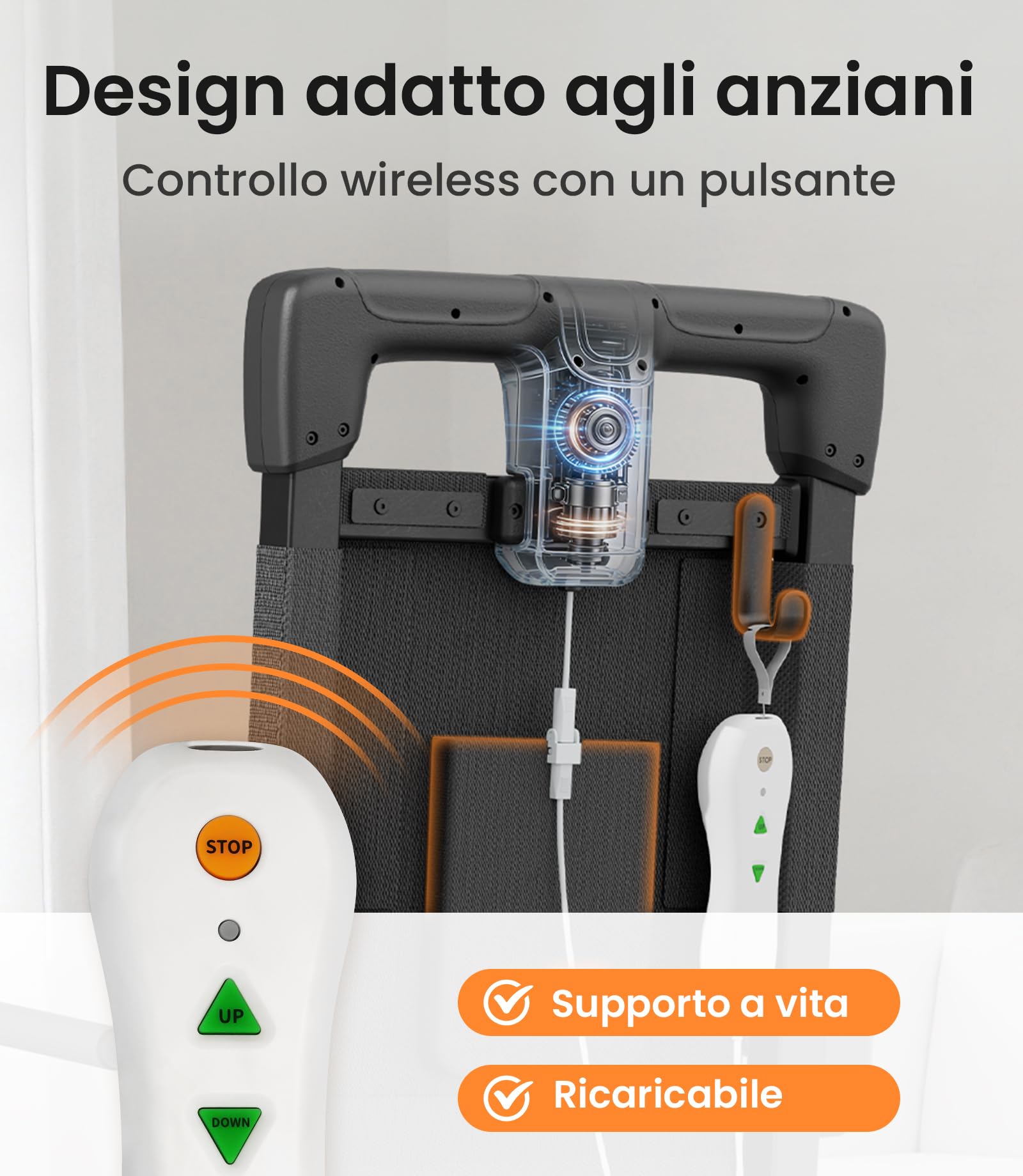 VOCIC AX35 - Sollevamento elettrico da terra con funzione di trasferimento, arrotolabile e mobile seduto per trasferimenti interni, portata fino a 160 kg, con 4 ruote e freni, compatta