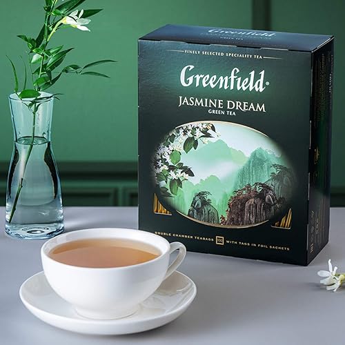 Miniatura 5 de Greenfield Colección de té verde Jasmine Dream - Té especial finamente seleccionado, 100 bolsitas de té de doble cámara con etiquetas en sobres de