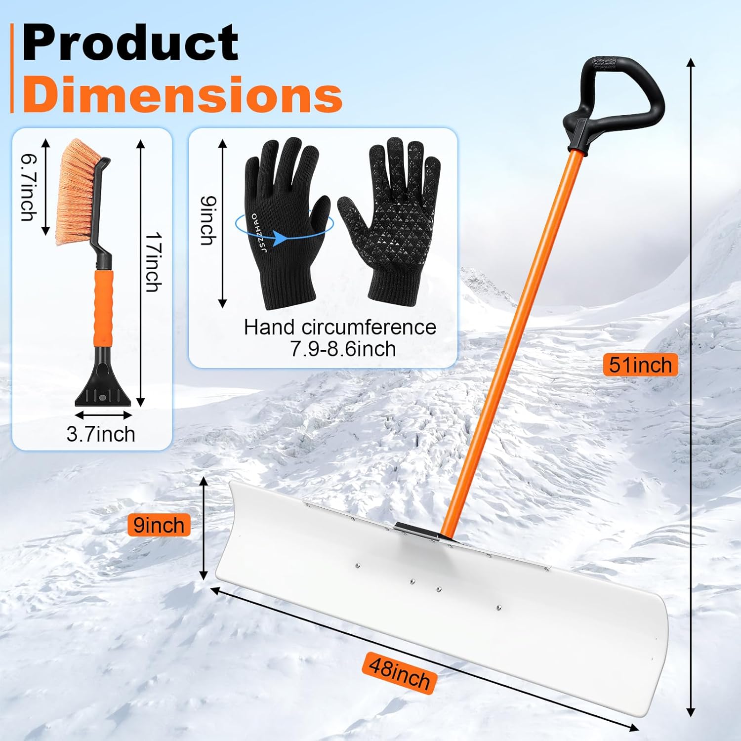 48 Inch Wide Snow Pusher Shovel Set, White PE Blade, with Brush & Gloves, Snow Plow for Yard Driveway Sidewalk Patio Walkway, Ice Hockey Rink Resurfacer, Skating Rink, Ice Fishing