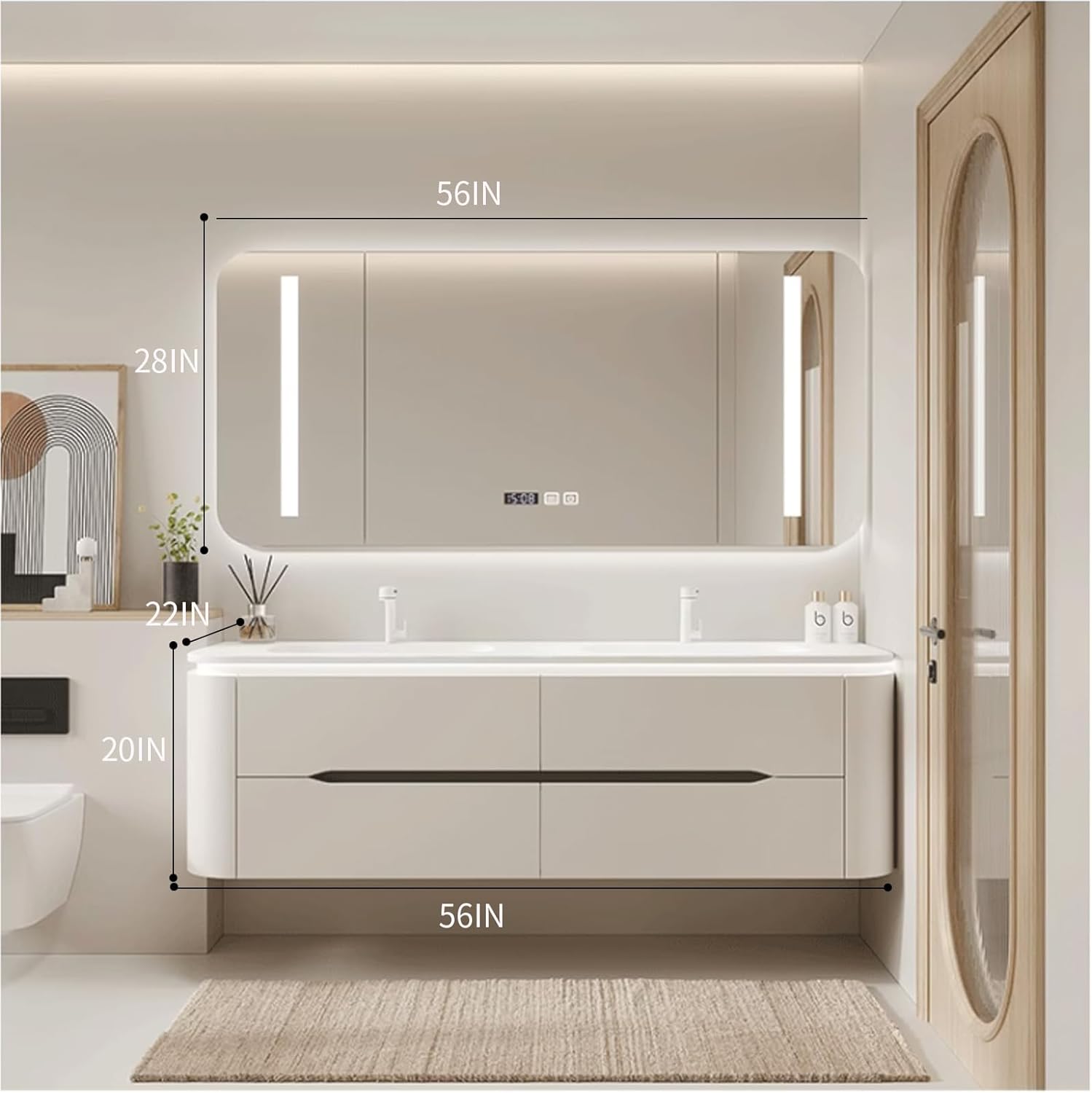 Bathroom Vanity - Double Sink Bathroom Vanity Includes Smart LED Defogging Mirror ? Diverse Storage Space ?White Large Solid Wood Bathroom Sink Cabinet (56'')