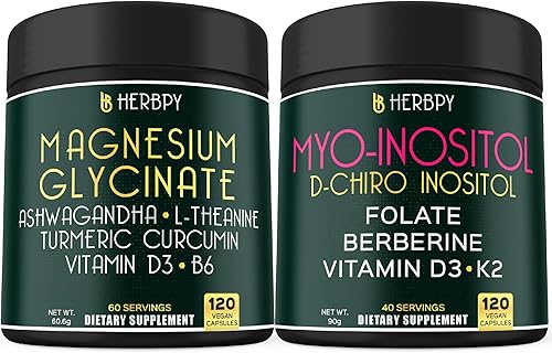 Paquete 6 en 1 de glicinato de magnesio Ashwagandha 120 unidades y mio-inositol 6 en 1 y suplemento de D-Chiro inositol para mujeres, 120 unidades,