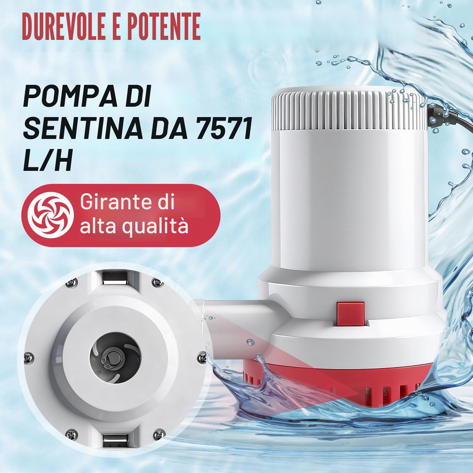 12V 2000GPH Pompa di Sentina, Pompa Acqua Barca Elettrica Sommersa 29 mm | 1-1/8" Pompa d'acqua per Imbarcazioni, Yacht, Laghetti e Piscine