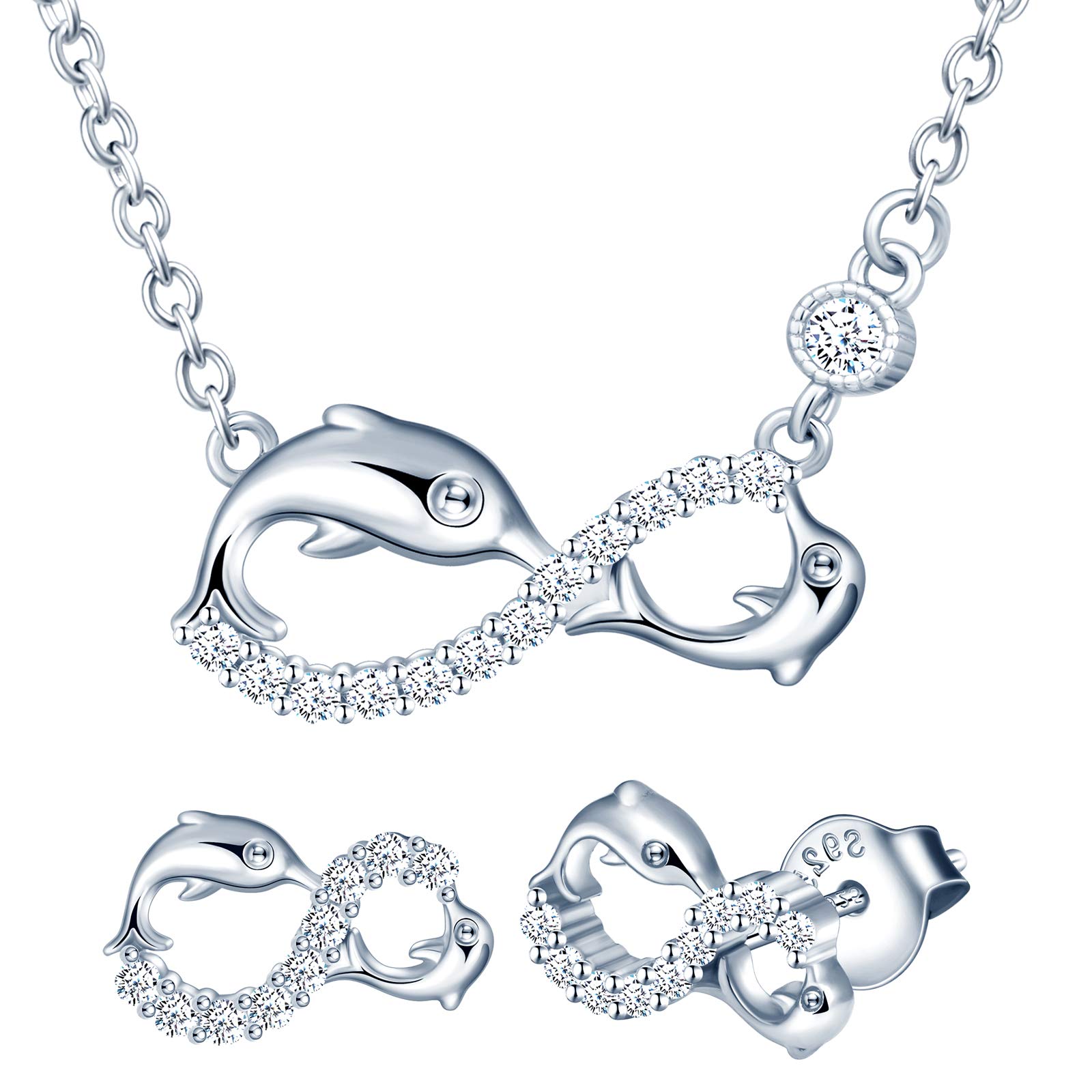 Yumilok Juego de joyas de collar y pendientes, collar con colgante de delfín y símbolo del infinito y pendientes en plata 925, joyería para mujeres y niñas, incrustaciones de circonita cúbica