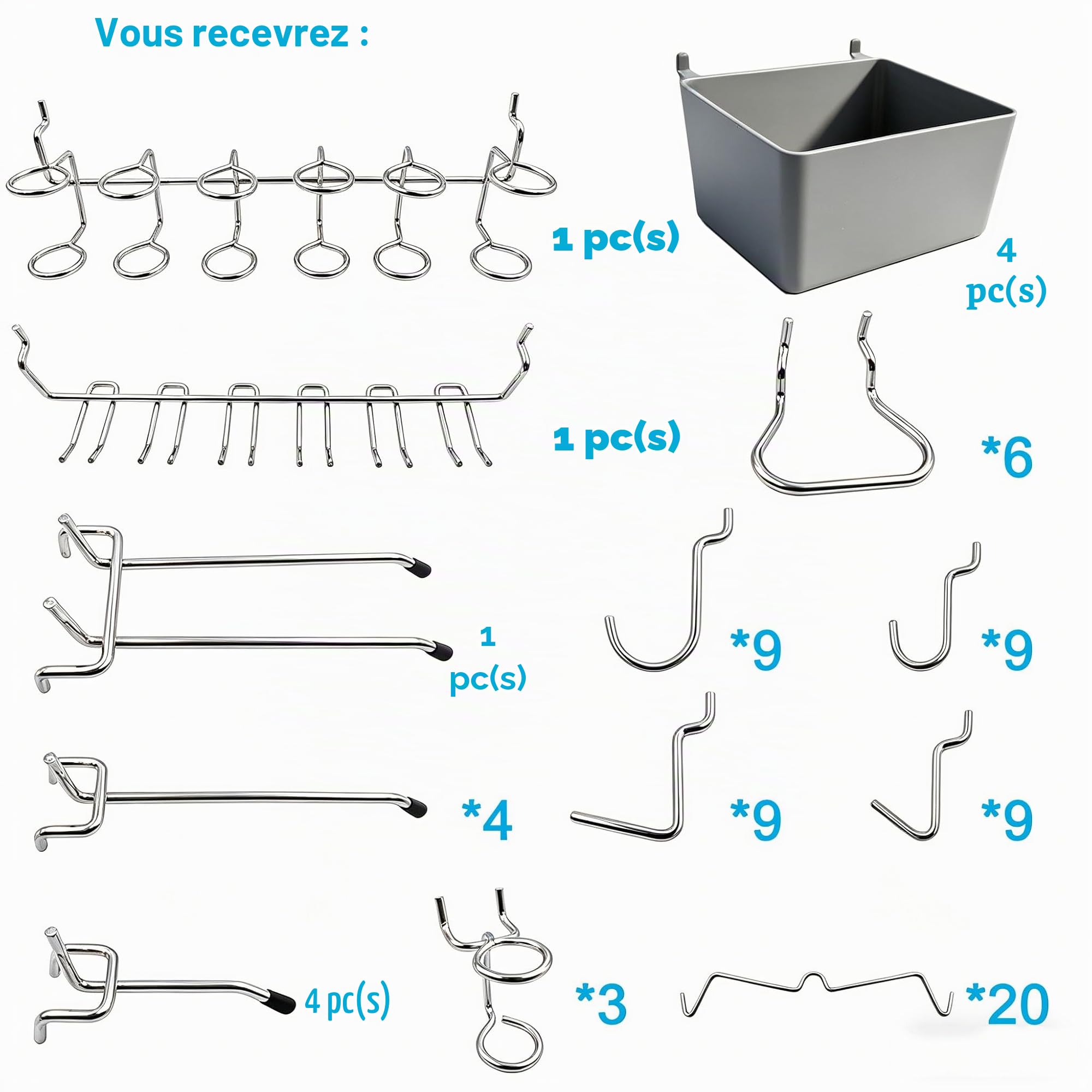 FRIMOONY Porte-outils de Crochets pour Panneaux Perforés avec Bacs, Verrous à Chevilles, pour Organiser Divers Outils, 80 pièces