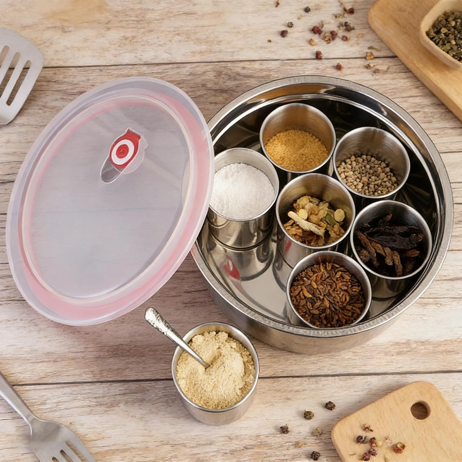 Stainless Steel Masala Box, 7 Compartment Spice Organizer, Airtight Lid, Deepened Design, Kitchen & BBQ