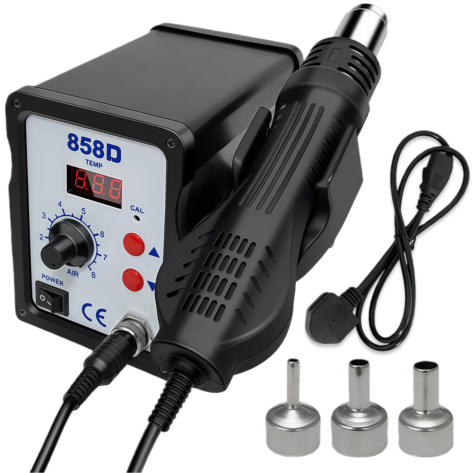 Stazione di saldatura ad aria calda 858D, 700 W, con display digitale, stazione dissaldante SMD, stazione di saldatura ad aria calda con temperatura regolabile 100 – 450 °C, 3 ugelli, funzione di