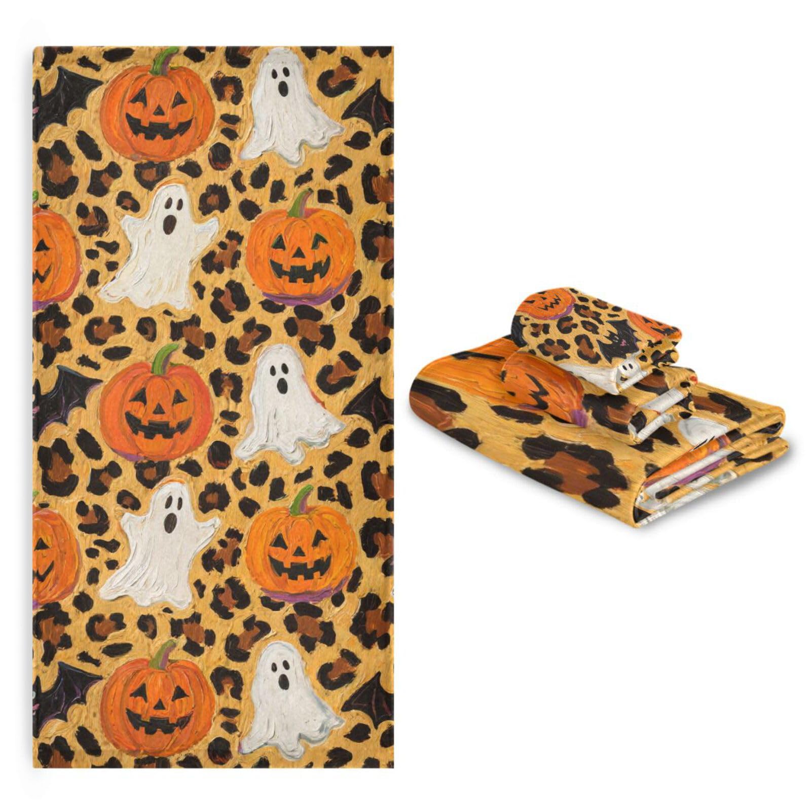 Halloween pomarańczowy lampart dynia szybkoschnące ręczniki do twarzy zestaw 3 sztuk, 1 ręcznik kąpielowy 1 ręcznik do rąk 1 ściereczka do jogi łazienki kuchni