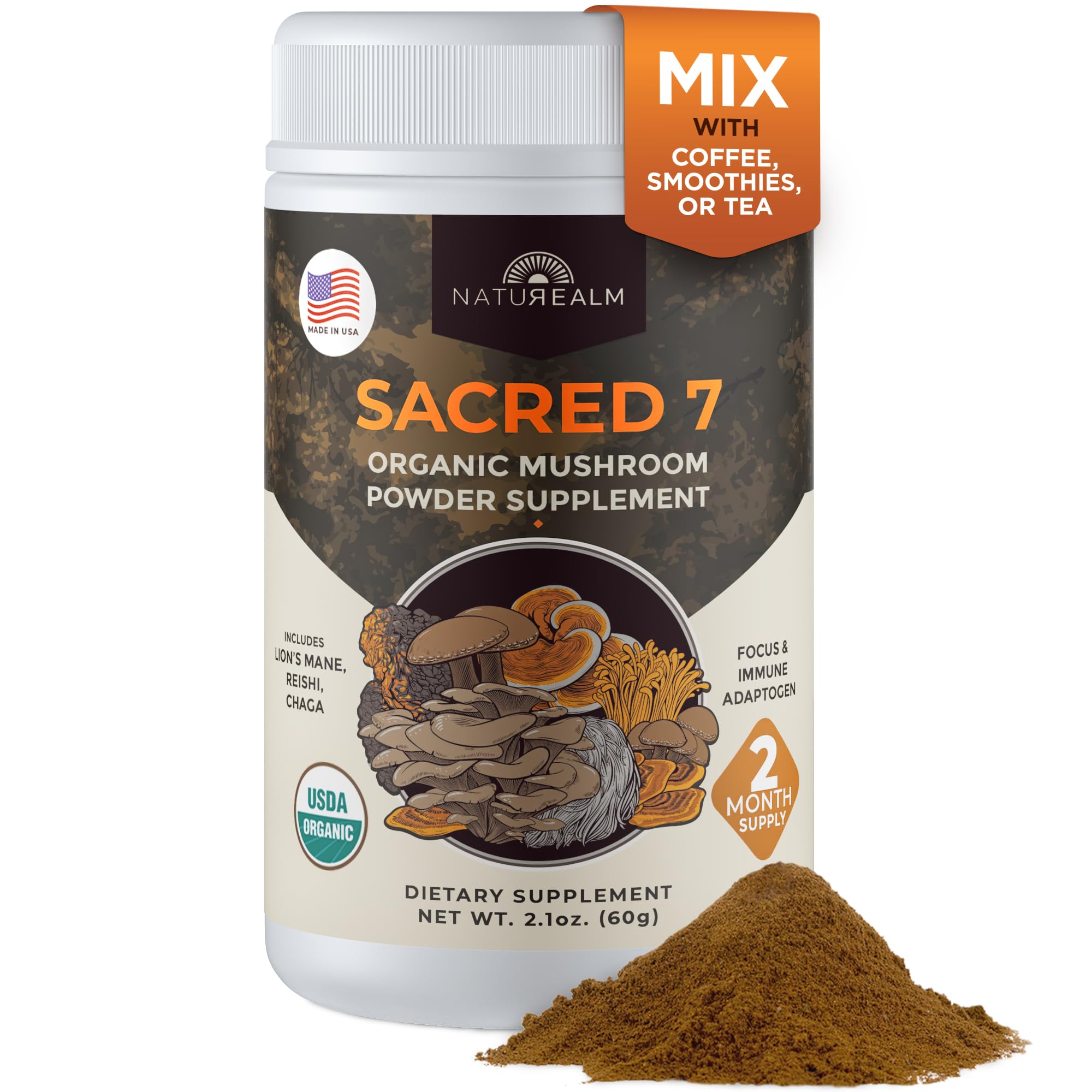 Sacred 7 Mushroom Powder Supplement, 7-in-1 Blend (60 Day Supply) | Immune Defense, Focus & Energy Support | Coffee Enhancer | Lion’s Mane, Reishi, Chaga | Organic 100% Fruiting Body Extract