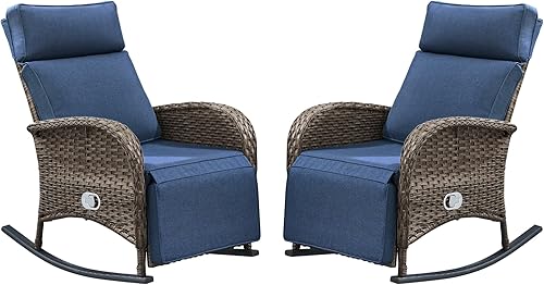 Outdoor Recliner Rocking Chairs with Adjustable Backrest&Ottoman - Set of 2 Dural-Adjust High Back Brown Wicker Patio Lounges Reclining Rockers for Porch Poolside Sunbathing - Navy Blue