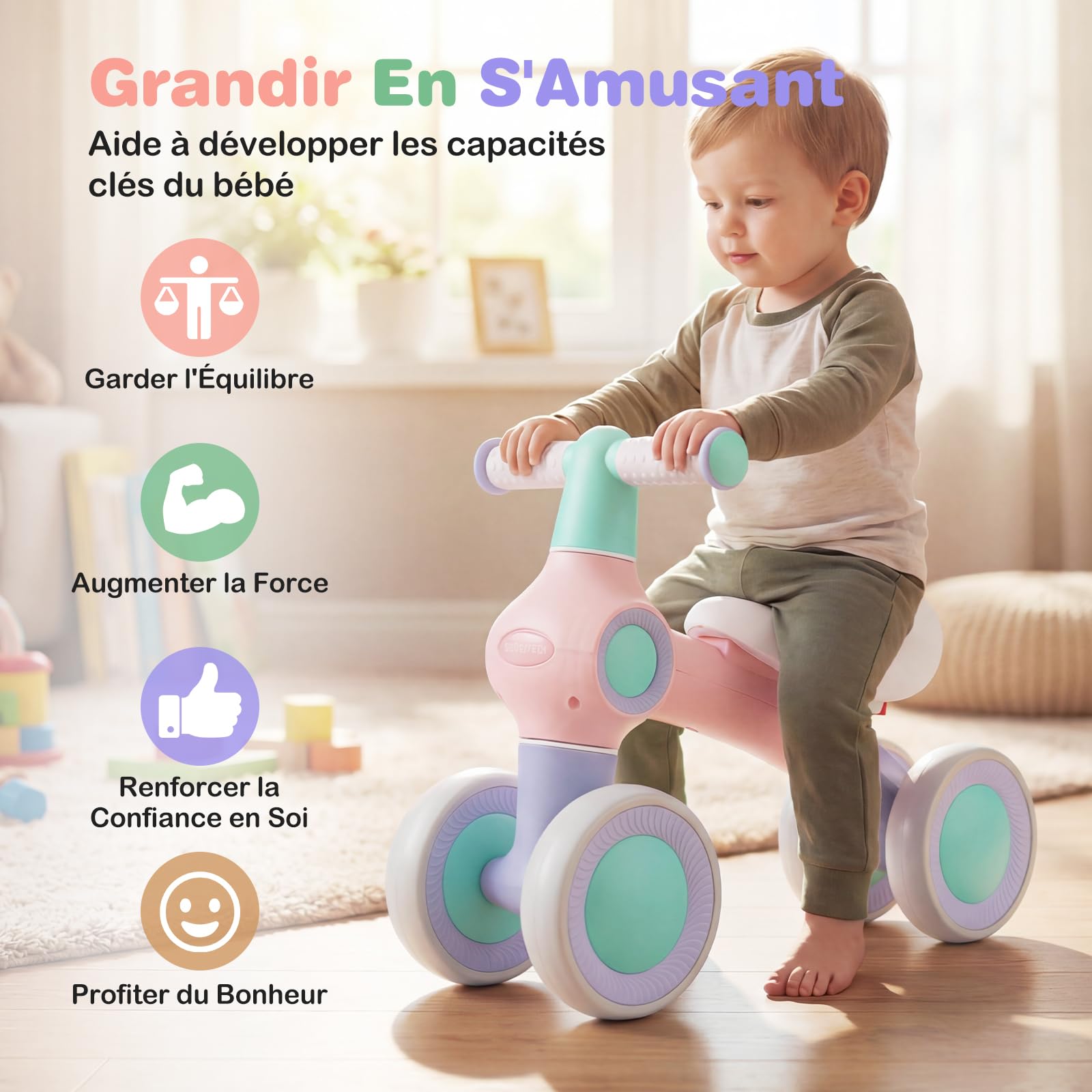COSTWAY Draisienne Bébé 1 an, Vélo Bébé sans Pédales de 12-36 Mois avec 4 Roues en EVA, Siège Réglable et Guidon, Charge 30 kg, Vélo d'Équilibre pour Garçons Filles, Cadeau Anniversaire Noel