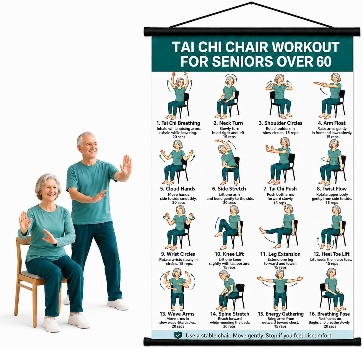 Mervakon Tai Chi Chair Workout Chart for Seniors, 16 x 24 in | Seated Tai Chi exercise poster with poses for beginners, featuring low impact chair movements for balance and flexibility.