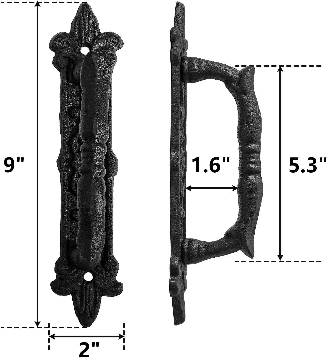 Peohud 2 Pack Heavy Duty Barn Door Handle, 9 Inches Cast Iron Rustic Gate Handle, Antique Black Carved Door Pull for Garages Sheds Closet Drawer Cabinet Fence Outdoor Farmhouse