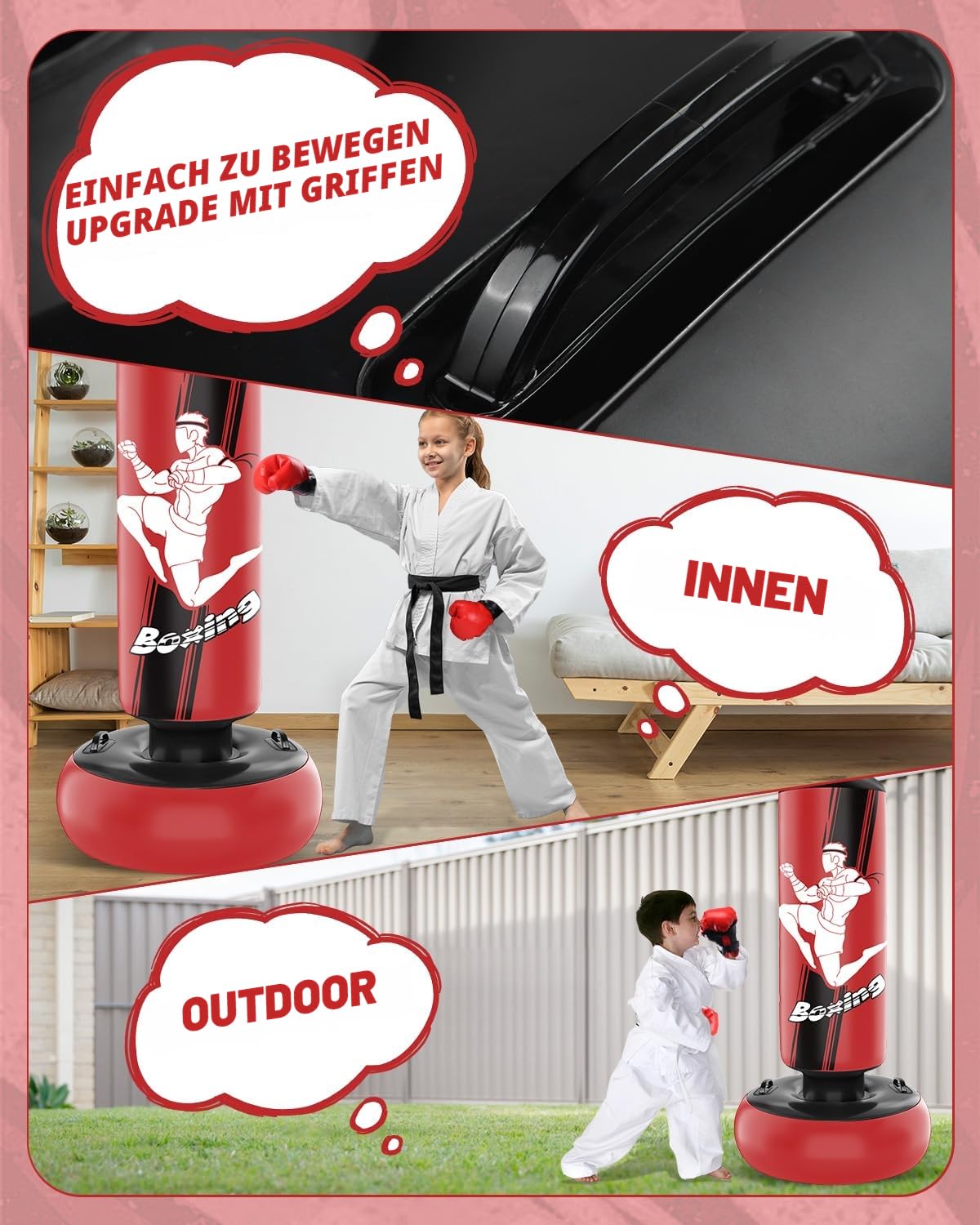 Boxsack Kinder 160cm Aufblasbarer Boxsack Stehend mit Boxhandschuhen zum Üben von MMA Karate Taekwondo und zum Abbau von aufgestauter Energie