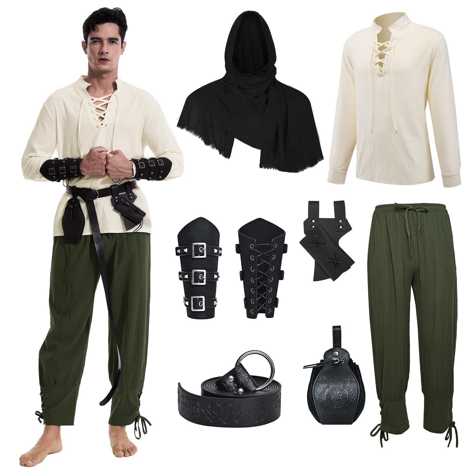 Disfraz medieval renacentista para hombre, disfraz de vikingo, camisa con cordones, pantalones con accesorios, disfraz de Halloween para cosplay, mascarada, magos