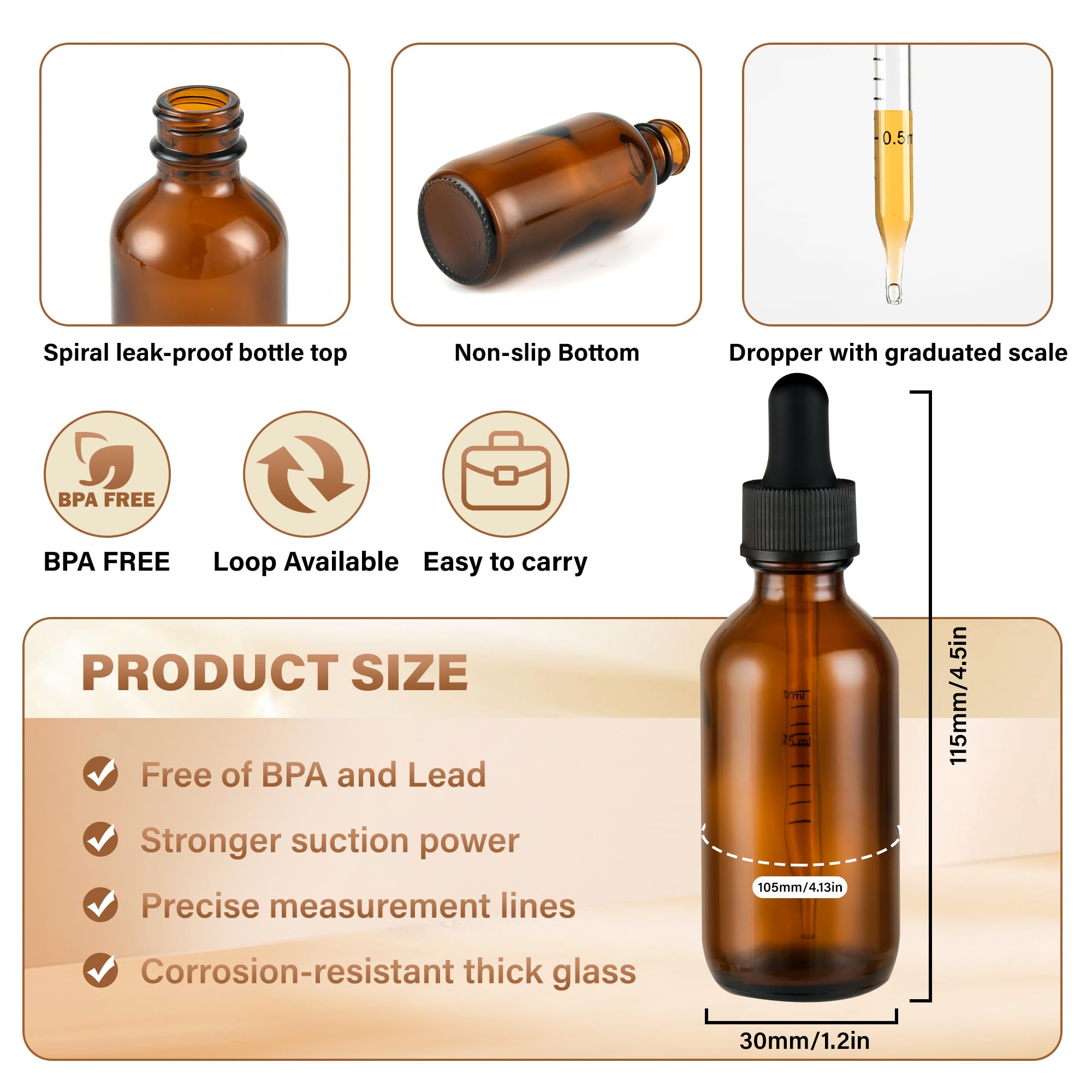 NOOEEISS 6 Pcs, 2oz Amber Glass Eye Dropper Bottle, Tincture Bottles with Leak-Proof Design, Stronger Suction, for All Kinds of Mixed Liquids