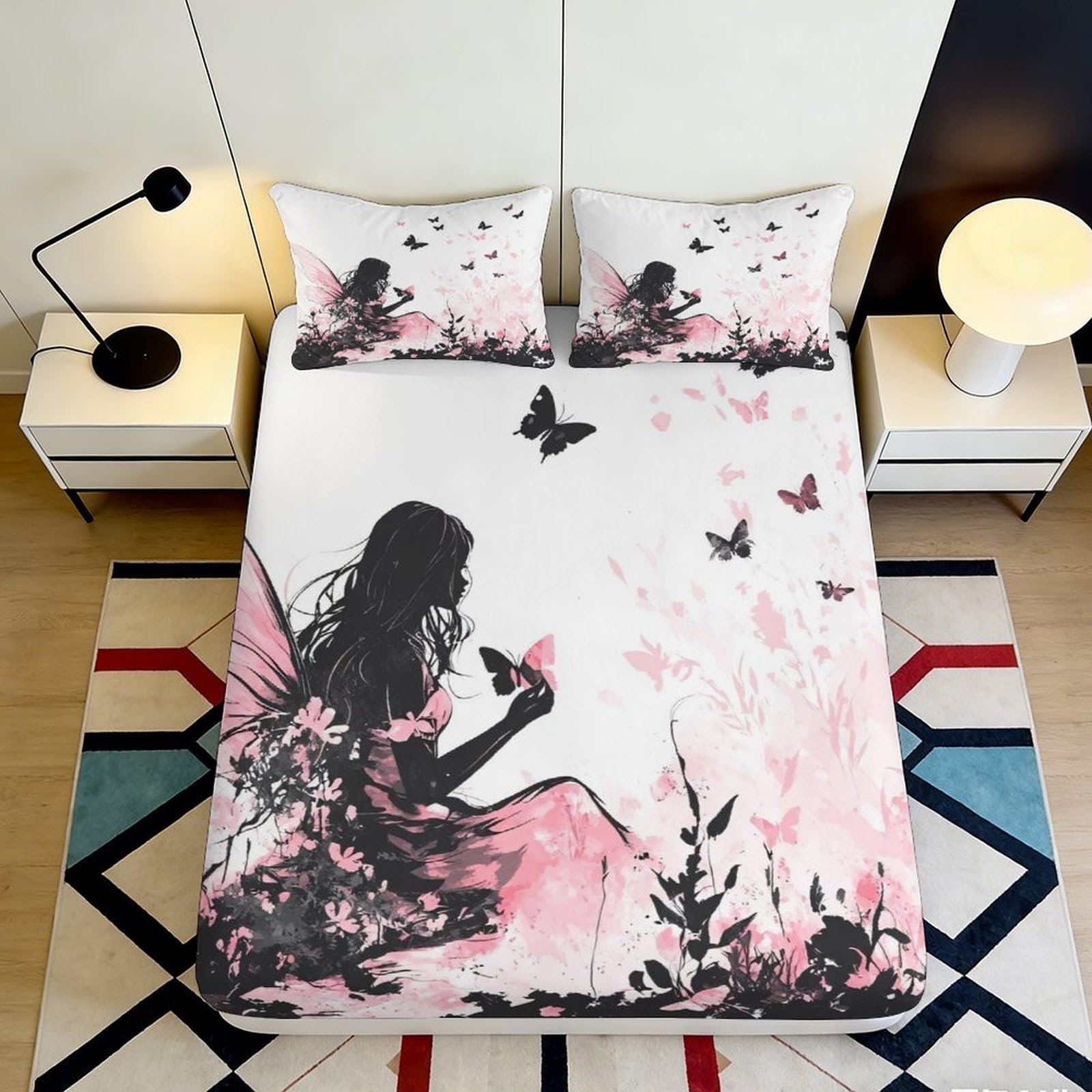 3D Printed Fairy Silhouette Fitted Sheet Microfiber Pink Butterfly Mattress Cover for Bedroom Guest Room Decor 90x200x25cm