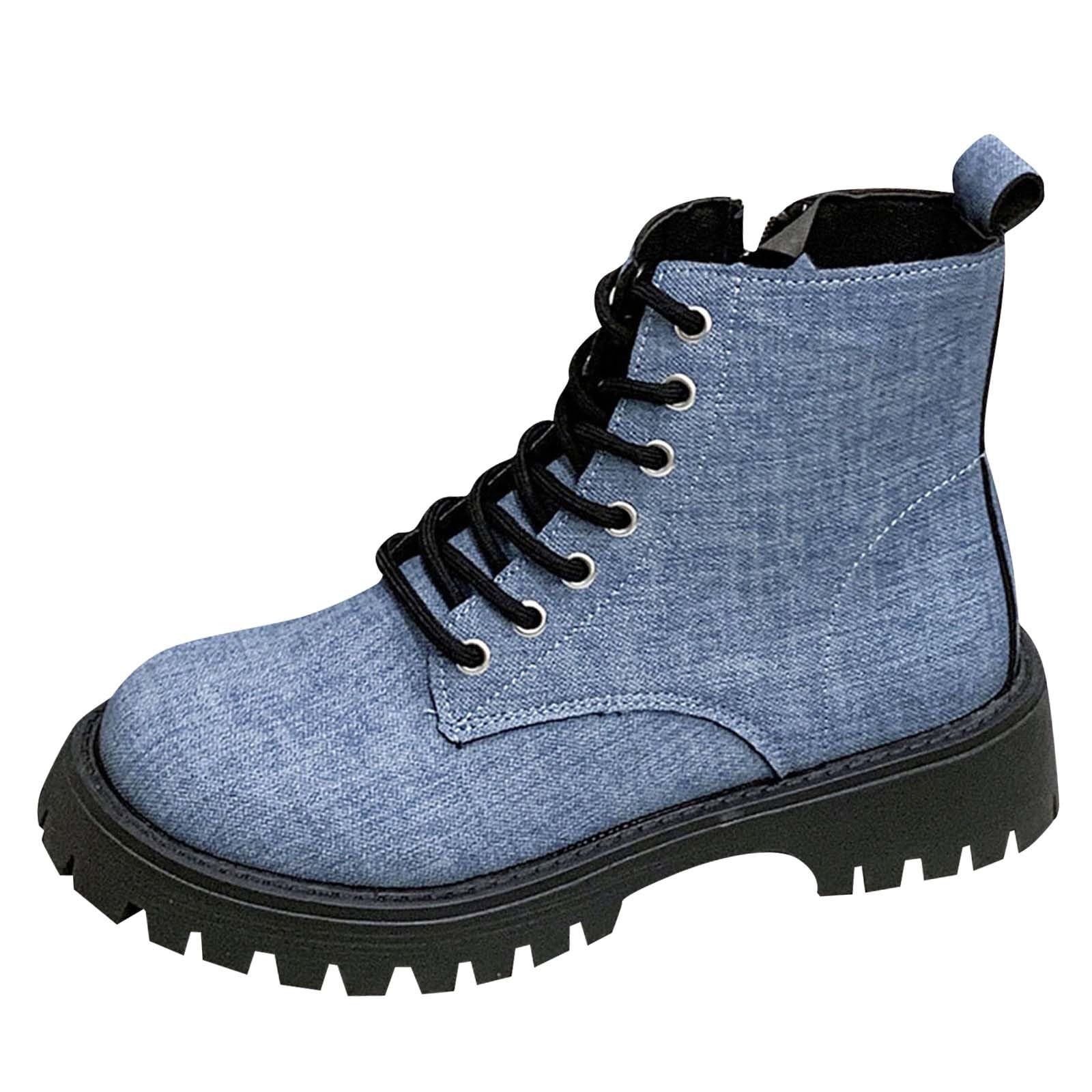 Women Lug Sole Ankle Booties Lace Up Chunky Low Heel Combat Shoes Side Zipper Comfort Work Hiking Combat
