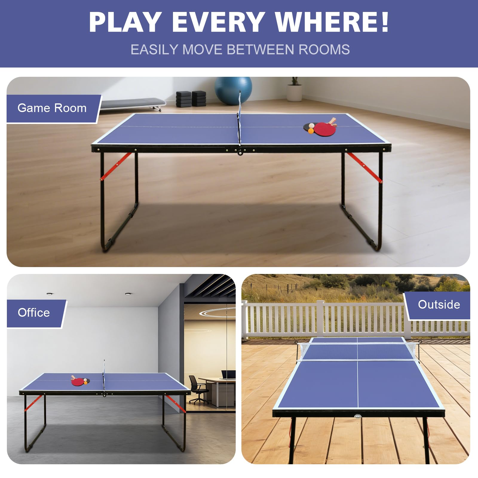 Platzsparend Faltbarer Tischtennis-Tisch 137,2 cm mit Netz, 2 Schlägern und 3 Bällen für Indoor & Outdoor