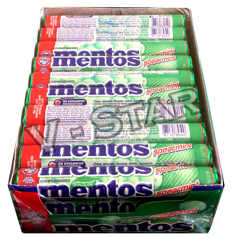 New MENTOS ROLLS CHEWY DRAGEES SWEETS CANDY ASORTED FLAVOURS FULL BOX (Mentos Spearmint Roll 40 x 38g)