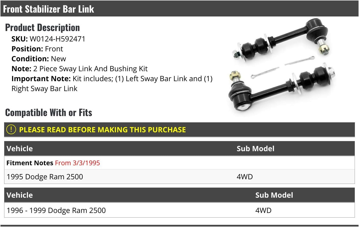 Front Stabilizer Sway Bar Link Kit - 2 Piece - Compatible with 1995-1999 Dodge Ram 2500 4WD (From 3/3/1995)
