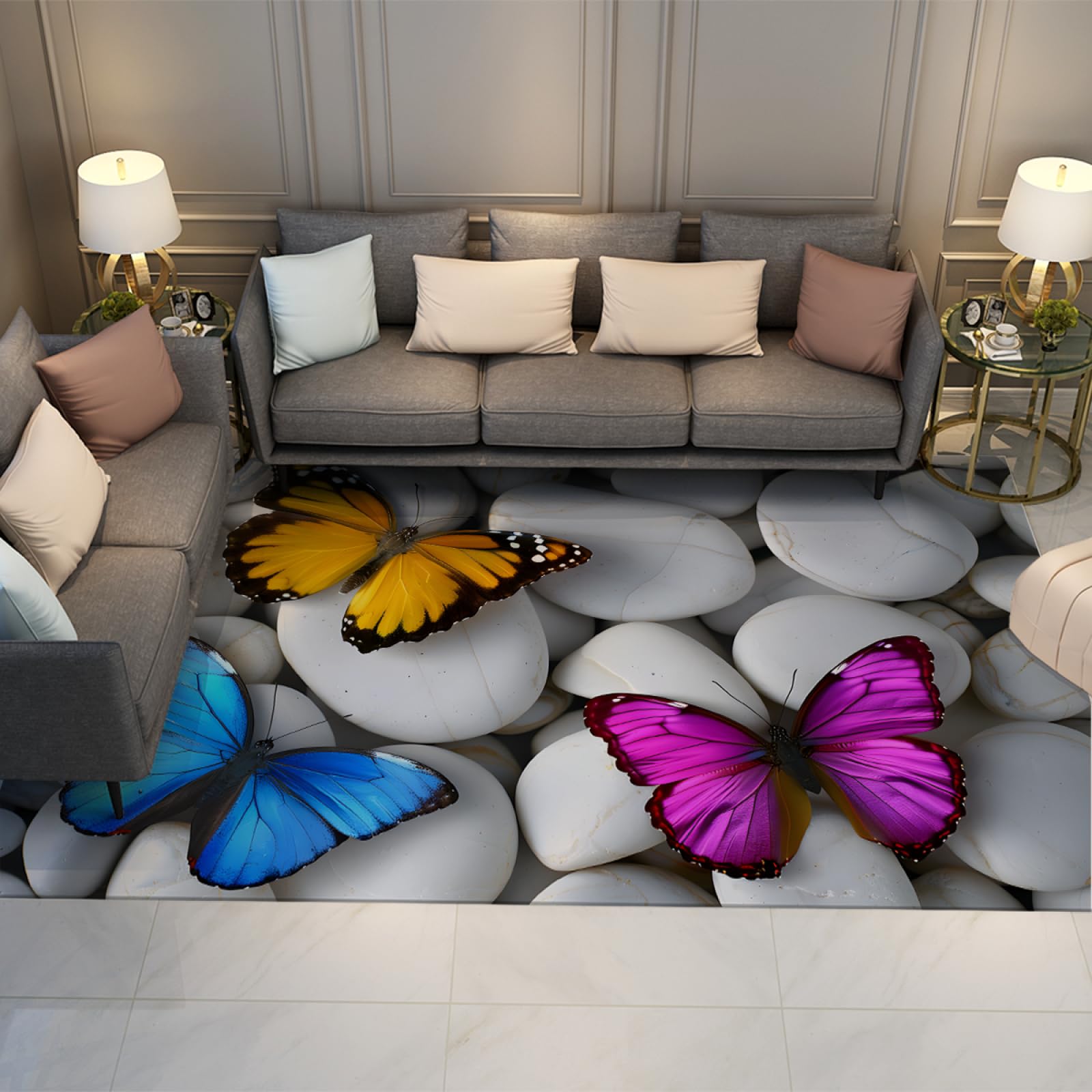 Tapis de sol asiatique 120x200cm aux papillons colorés pour espace détente