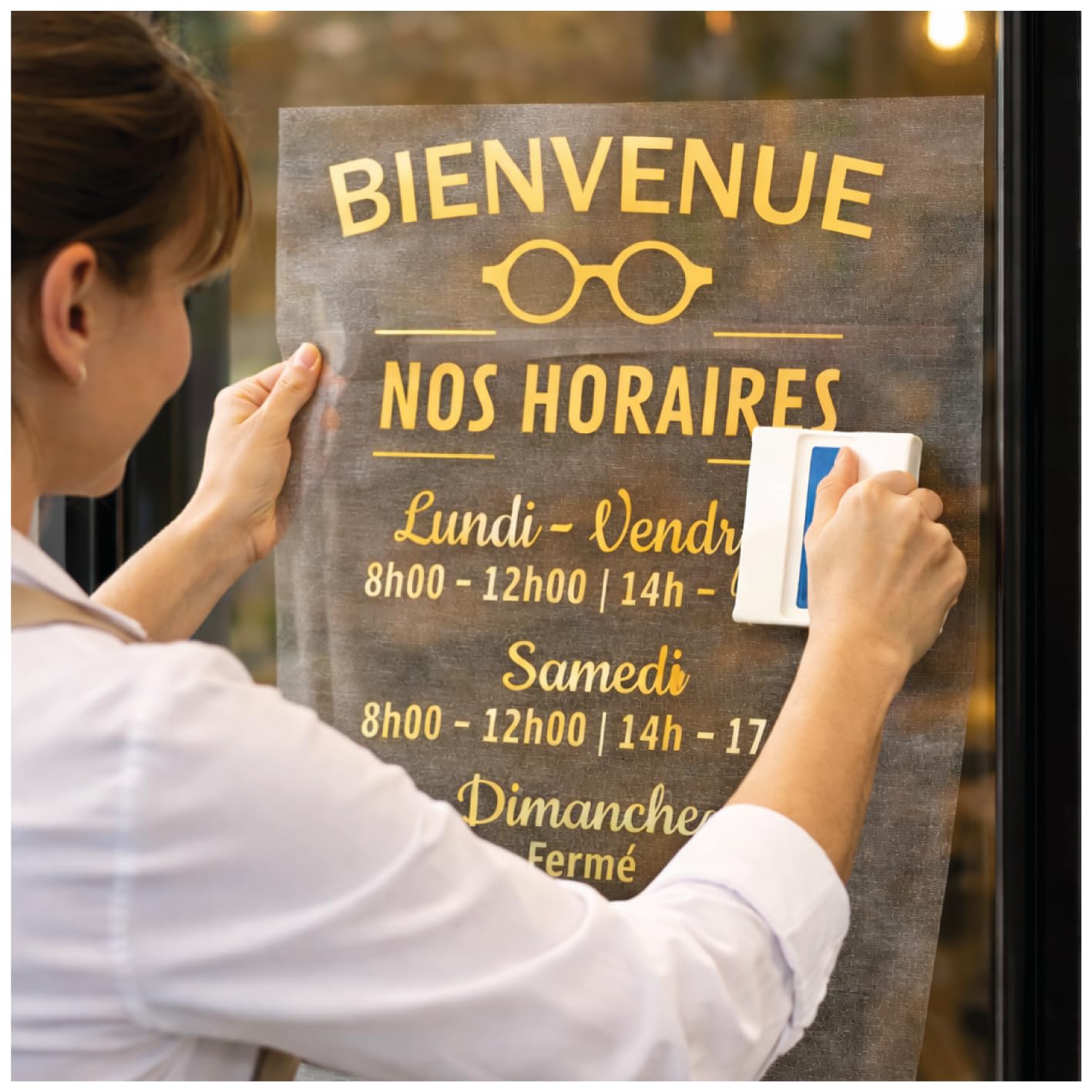 Sticker Horaires Ouverture Magasin Personnalisé – Autocollant Vitrine Commerce 28x42 cm – Adhésif Horaires Boutique/Restaurant/Salon – Vinyle Intérieur Extérieur – Blanc Noir Or Argent