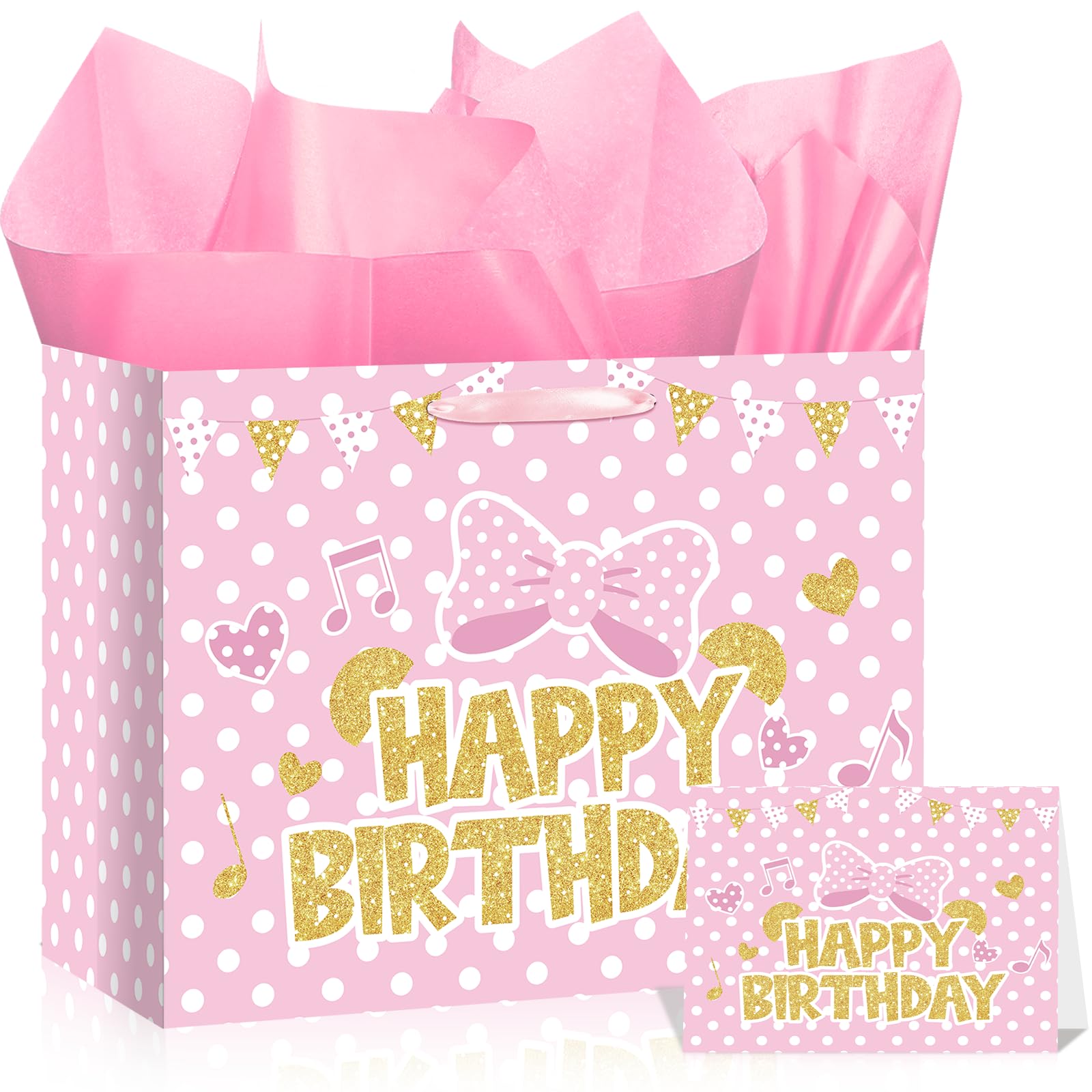 Cartoon Mouse Birthday Gift Bag with Tissue Paper and Card Pink Gold Bow Wrapping Paper Bags Large Princess Mouse Themed Birthday Party Favor Bags for Girls Bday Baby Shower Party Supplies Decorations