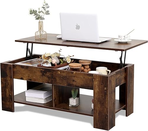 Miniatura 3 de Mesa de centro elevable con almacenamiento, 2 estantes abiertos y compartimento oculto, mesas de centro de elevación modernas de madera para sala de