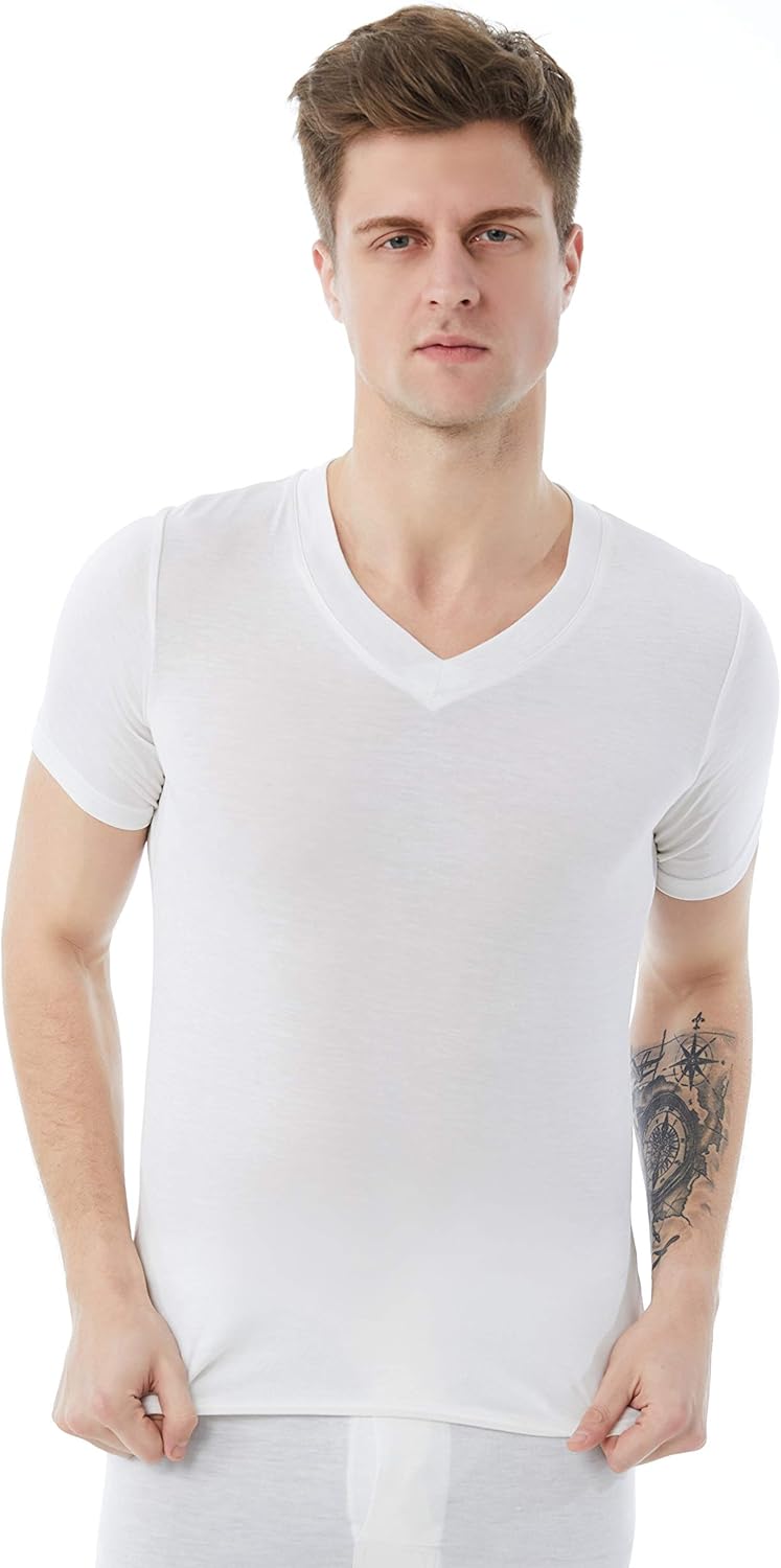 A0201U Men's Pure Silk Jersey V-Neck T-Shirt (White, Large)
