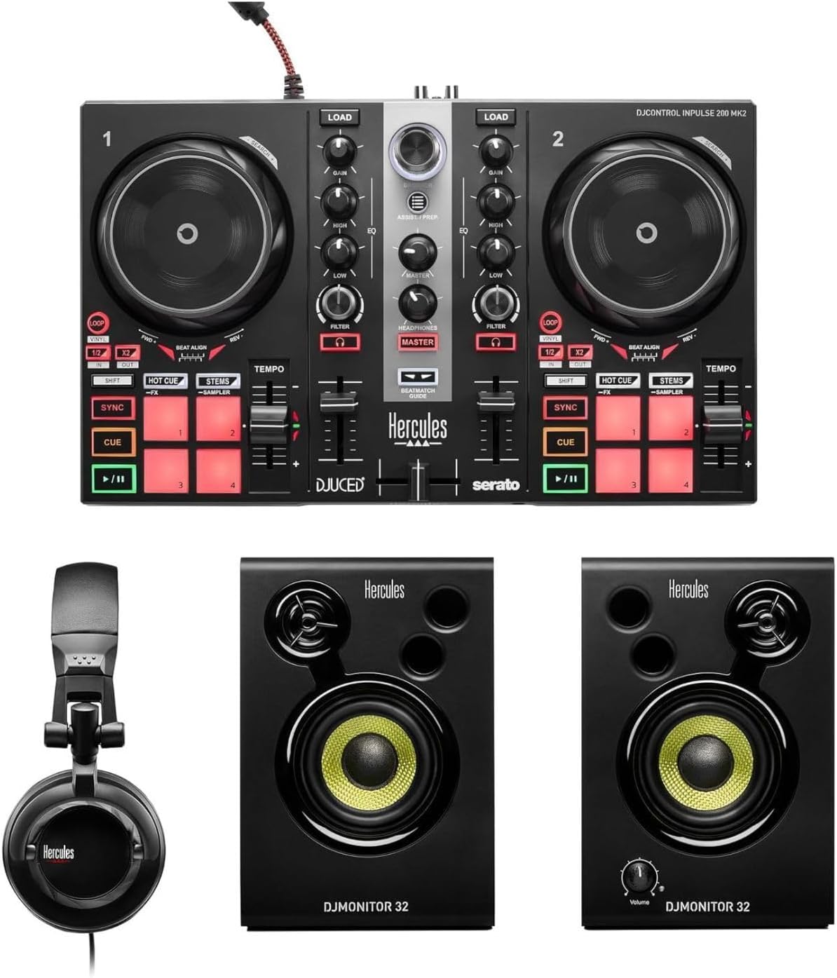 Hercules DJLearning Kit MK II, DJ Controller with Speakers and Headphones, Beginner DJ Set with Jog Wheels, 2 Deck DJ Mixer Controller, Portable DJ Equipment for Beginners, Compatible with PC