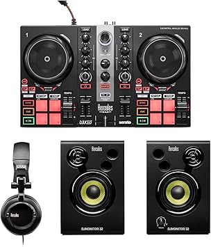 Hercules DJLearning Kit MK II including the DJ Inpulse 200 MK II controller, HD45 headphones and DJ Monitor 32 speakers