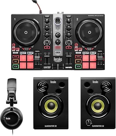 Hercules DJLearning Kit MK II including the DJ Inpulse 200 MK II controller, HD45 headphones and DJ Monitor 32 speakers