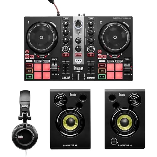 Hercules DJLearning Kit MK II including the DJ Inpulse 200 MK II controller, HD45 headphones and DJ Monitor 32 speakers